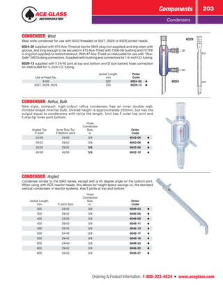 Ordering  Product Information: 1-800-223-4524  n  www.aceglass.com
Components 203
Condensers
CONDENSER West
West style condenser for use with 6433 threaded or 6527, 6528 or 6529 jointed heads.
6024-20 supplied with #15 Ace‑Thred at top for 5846 plug (not supplied) and drip stem with
groove, and long enough to be secured in #15 Ace‑Thred with 7506-06 bushing and FETFE
o‑ring (not supplied) to restrict blowout. With #7 Ace‑Thred on inlet/outlet for use with “Ace-
Safe”5853tubingconnectors.Suppliedwithbushingandconnectorsfor1/4‑inchI.D.tubing.
6029-13 supplied with  24/40 joint at top and bottom and D size barbed hose connection
on inlet/outlet for ¼‑inch I.D. tubing.
Use w/Head No.
Jacket Length,
mm
Order
Code
6433 200 6024-20
6527, 6528, 6529 250 6029-13
6024
6029
CONDENSER  Reflux, Bulb
New style, compact, high-output reflux condenser, has an inner double wall,
thimble-shape internal bulb. Overall height is approximately 250mm, but has the
output equal to condensers with twice the length. Unit has outer top joint and
drip-tip inner joint bottom.
Angled Top
Joint
Inner Drip-Tip
Bottom Joint
Hose
Connection
Size,
in.
Order
Code
24/40 24/40 3/8 6042-04
29/42 29/42 3/8 6042-06
29/32 29/32 3/8 6042-08
45/50 45/50 3/8 6042-10
CONDENSER  Angled
Condenser similar to the 5945 series, except with a 45 degree angle on the bottom joint.
When using with ACE reactor heads, this allows for height space savings vs. the standard
vertical condensers in reactor systems. Has joints at top and bottom.
Jacket Length,
mm Joint Size
Hose
Connection
Size,
in.
Order
Code
300 24/40 3/8 6046-03
300 29/42 3/8 6046-05
400 24/40 3/8 6046-09
400 29/42 3/8 6046-11
400 34/45 3/8 6046-13
500 24/40 3/8 6046-17
500 29/42 3/8 6046-19
600 24/40 3/8 6046-23
600 29/42 3/8 6046-25
600 34/45 3/8 6046-27
 