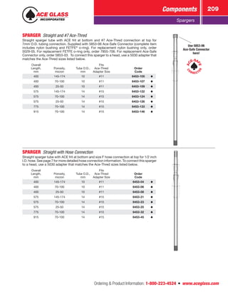 Ordering  Product Information: 1-800-223-4524  n  www.aceglass.com
Components 209
Spargers
SPARGER  Straight and #7 Ace‑Thred
Straight sparger tube with ACE frit at bottom and #7 Ace‑Thred connection at top for
7mm O.D. tubing connection. Supplied with 5853-06 Ace‑Safe Connector (complete item
includes nylon bushing and FETFE®
o-ring). For replacement nylon bushing only, order
5029-05. For replacement FETFE o‑ring only, order 7855-706. For replacement Ace-Safe
Connector only, order 5853-03. To connect this sparger to a head, use a 5030 adapter that
matches the Ace‑Thred sizes listed below.
Overall
Length,
mm
Porosity,
micron
Tube O.D.,
mm
Fits
Ace‑Thred
Adapter Size
Order
Code
400 145-174 10 #11 6453-105
400 70-100 10 #11 6453-107
400 25-50 10 #11 6453-109
575 145-174 14 #15 6453-122
575 70-100 14 #15 6453-124
575 25-50 14 #15 6453-126
775 70-100 14 #15 6453-133
915 70-100 14 #15 6453-146
AC
E-SA
FE
C
ON N E CT
OR
Use 5853-06
Ace-Safe Connector
here!
SPARGER  Straight with Hose Connection
Straight sparger tube with ACE frit at bottom and size F hose connection at top for 1/2 inch
I.D. hose. See page 7 for more detailed hose connection information. To connect this sparger
to a head, use a 5030 adapter that matches the Ace‑Thred sizes listed below.
Overall
Length,
mm
Porosity,
micron
Tube O.D.,
mm
Fits
Ace‑Thred
Adapter Size
Order
Code
400 145-174 10 #11 6453-04
400 70-100 10 #11 6453-06
400 25-50 10 #11 6453-08
575 145-174 14 #15 6453-21
575 70-100 14 #15 6453-23
575 25-50 14 #15 6453-25
775 70-100 14 #15 6453-32
915 70-100 14 #15 6453-45
 