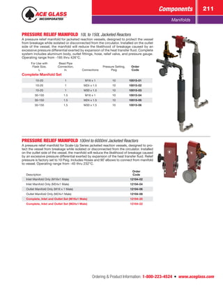 Ordering  Product Information: 1-800-223-4524  n  www.aceglass.com
Components 211
Manifolds
PRESSURE RELIEF MANIFOLD  10L to 150L Jacketed Reactors
A pressure relief manifold for jacketed reaction vessels, designed to protect the vessel
from breakage while isolated or disconnected from the circulator. Installed on the outlet
side of the vessel, the manifold will reduce the likelihood of breakage caused by an
excessive pressure differential exerted by expansion of the heat transfer fluid. Complete
system includes aluminum body, outlet fittings, hose, relief valve, and pressure gauge.
Operating range from -195 thru 426°C.
For Use with
Flask Size,
L
Bead Pipe
Connection,
in. Connections
Pressure Setting,
Psig
Order
Code
Complete Manifold Set
10-20 1 M16 x 1 10 10015-01
10-20 1 M24 x 1.5 10 10015-02
10-20 1 M30 x 1.5 10 10015-03
30-150 1.5 M16 x 1 10 10015-04
30-150 1.5 M24 x 1.5 10 10015-05
30-150 1.5 M30 x 1.5 10 10015-06
PRESSURE RELIEF MANIFOLD 100ml to 6000ml Jacketed Reactors
A pressure relief manifold for Scale-Up Series jacketed reaction vessels, designed to pro-
tect the vessel from breakage while isolated or disconnected from the circulator. Installed
on the outlet side of the vessel, the manifold will reduce the likelihood of breakage caused
by an excessive pressure differential exerted by expansion of the heat transfer fluid. Relief
pressure is factory set to 10 Psig. Includes Hoses and 90˚ elbows to connect from manifold
to vessel. Operating range from -40 thru 232°C.
Description
Order
Code
Inlet Manifold Only (M16x1 Male) 12194-02
Inlet Manifold Only (M24x1 Male) 12194-04
Outlet Manifold Only (M16 x 1 Male) 12194-06
Outlet Manifold Only (M24x1 Male) 12194-08
Complete, Inlet and Outlet Set (M16x1 Male) 12194-20
Complete, Inlet and Outlet Set (M24x1 Male) 12194-22
 