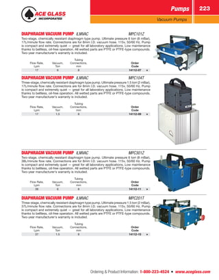 Ordering  Product Information: 1-800-223-4524  n  www.aceglass.com
Pumps 223
Vacuum Pumps
DIAPHRAGM VACUUM PUMP  ILMVAC	MPC101Z
Two-stage, chemically resistant diaphragm type pump. Ultimate pressure 6 torr (8 mBar),
17L/minute flow rate. Connections are for 8mm I.D. vacuum hose. 115v, 50/60 Hz. Pump
is compact and extremely quiet — great for all laboratory applications. Low maintenance
thanks to beltless, oil-free operation. All wetted parts are PTFE or PTFE-type compounds.
Two-year manufacturer’s warranty is included.
Flow Rate,
Lpm
Vacuum,
Torr
Tubing
Connections,
mm
Order
Code
17 6 8 14112-07
DIAPHRAGM VACUUM PUMP  ILMVAC	MPC104T
Three-stage, chemically resistant diaphragm type pump. Ultimate pressure 1.5 torr (2 mBar),
17L/minute flow rate. Connections are for 8mm I.D. vacuum hose. 115v, 50/60 Hz. Pump
is compact and extremely quiet — great for all laboratory applications. Low maintenance
thanks to beltless, oil-free operation. All wetted parts are PTFE or PTFE-type compounds.
Two-year manufacturer’s warranty is included.
Flow Rate,
Lpm
Vacuum,
Torr
Tubing
Connections,
mm
Order
Code
17 1.5 8 14112-09
DIAPHRAGM VACUUM PUMP  ILMVAC	MPC301Z
Two-stage, chemically resistant diaphragm type pump. Ultimate pressure 6 torr (8 mBar),
38L/minute flow rate. Connections are for 8mm I.D. vacuum hose. 115v, 50/60 Hz. Pump
is compact and extremely quiet — great for all laboratory applications. Low maintenance
thanks to beltless, oil-free operation. All wetted parts are PTFE or PTFE-type compounds.
Two-year manufacturer’s warranty is included.
Flow Rate,
Lpm
Vacuum,
Torr
Tubing
Connections,
mm
Order
Code
38 6 8 14112-11
DIAPHRAGM VACUUM PUMP  ILMVAC	MPC201T
Three-stage, chemically resistant diaphragm type pump. Ultimate pressure 1.5 torr (2 mBar),
37L/minute flow rate. Connections are for 8mm I.D. vacuum hose. 115v, 50/60 Hz. Pump
is compact and extremely quiet — great for all laboratory applications. Low maintenance
thanks to beltless, oil-free operation. All wetted parts are PTFE or PTFE-type compounds.
Two-year manufacturer’s warranty is included.
Flow Rate,
Lpm
Vacuum,
Torr
Tubing
Connections,
mm
Order
Code
37 1.5 8 14112-15
 