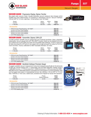 Ordering  Product Information: 1-800-223-4524  n  www.aceglass.com
Pumps 227
Vacuum Gauges
VACUUM GAUGE  Progressive Display, Digivac TracVac 
Bar graph style vacuum meter. Visually illustrates vacuum pressure rate changes which
enables the quick determination of increasing or decreasing vacuum. Vacuum interface:
1/8 inch NPT or 1/4 inch male flare. 10 foot sensor cord. CE rated.
Range,
microns
Motor,
Voltage
Motor,
Hz
Order
Code
1-760,000 100-240 50/60 14301-01
Accessories
PTFE #15 Ace-Thred Bushing, 1/8” FMPT 5844-62
24/40 to #15 Ace-Thred Adapter 5030-40
29/42 to #15 Ace-Thred Adapter 5030-42
45/50 to #15 Ace-Thred Adapter 5030-45
1/2” PTFE Sealing Tape 14120-18
VACUUM GAUGE  Transmitter, Digivac 22W LCD 
A small compact versatile vacuum gauge that can fit almost anywhere. Uses a standard,
replaceable, vacuum gauge tube with 1/8in MNPT threads. Easily can be adapted to fit onto
any schlenk line to give highly accurate and recordable data readings. A built in rs232 port
for data download to a PC and a 5 vdc output with a single set-point for output to PLC’s or
chart recorders. Factory calibrated to NIST traceable standard. CE rated.
Range,
microns
Motor,
Voltage
Motor,
Hz
Order
Code
1-760,000 100-230 50/60 14302-01
Accessories
PTFE #15 Ace-Thred Bushing, 1/8” FMPT 5844-62
24/40 to #15 Ace-Thred Adapter 5030-40
29/42 to #15 Ace-Thred Adapter 5030-42
45/50 to #15 Ace-Thred Adapter 5030-45
1/2” PTFE Sealing Tape 14120-18
VACUUM GAUGE  Handheld, Bullseye Precision Gauge 
A rugged, portable vacuum measurement instrument designed specifically for the demands
of field use. Precise reading with 11 measurable units and field calibrated. Display range is
1-800,000microns,+/-17%accuracyfrom1-2000micronsand+/-30%accuracyfrom2001-
800,000 microns. Selectable graphic mode allows for chart graphs or numerical display. Data
can be logged and output in a spreadsheet format. Vac interface: 1/8 inch NPT or 1/4 inch
flare. Features a 7 foot cord, rubber boot, kickstand and magnet for hands free operation.
Range,
microns
Power,
Alkaline Batteries
Order
Code
1-800,000 (4) AA 14303-01
Accessories
PTFE #15 Ace-Thred Bushing, 1/8” FMPT 5844-62
24/40 to #15 Ace-Thred Adapter 5030-40
29/42 to #15 Ace-Thred Adapter 5030-42
45/50 to #15 Ace-Thred Adapter 5030-45
1/2” PTFE Sealing Tape 14120-18
 