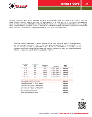 Ordering & Product Information: 1-800-223-4524  n  www.aceglass.com
Reactor Systems 23
12842
Universal open frame stand design allows for maximum clearance and access to the ports on the head. To allow for
vessel diversity and future scale up, the frame has been designed to be fitted with 10L to 150L cylindrical jacketed or
unjacketed flasks, as well as 22L to 50L round bottom flasks. Stands come complete with noted motor mount and flange
clamp. When scaling up, additional clamps or mounts can be selected to allow for different configuration motors and
flange diameters. Frame materials are 304 stainless steel and powder coated aluminum.
Using the Universal Stand allows for upward scalability. Notice that a wide range of reactor sizes may be used
per stand by simply changing the motor mounting or swing latch clamps dependent on reactor size. Start with a
10L and gradually scale all the way up to a 50L, or start with a 50L and scale all the way up to a 150L, using only
one stand. Also, notice that the selected components are sized to easily cross over a wide range of vessel sizes
to make an economical and ultimately universal scaling platform.
Reactor Size
Range,
L
Flange Clamp
Size,
mm
Motor Mount
Type* DxWxH (in.)
Order
Code
10-20 200 Rod 27.5 x 24.25 x 82.25 12842-02
10-20 200 Flange 27.5 x 24.25 x 82.25 12842-04
30-50 300 Flange 27.5 x 24.25 x 82.25 12842-06
50-150 300 Flange 27.5 x 24.25 x 96.25 12842-08
100 (Low-Profile) 400 Flange 27.5 x 24.25 x 82.25 12842-10
50-150 400 Flange 27.5 x 24.25 x 96.25 12842-12
Stand Accessories
Bracing Set for Explosion Proof Motors 12842-41
Universal Safety Shield, 10L to 150L Reactors 12842-42
Swing Latch Clamp, 200mm Flanged Vessels 12842-50
Swing Latch Clamp, 300mm Flanged Vessels 12842-60
Swing Latch Clamp, 400mm Flanged Vessels 12842-70
Rod Mounted Equipment Mount 12842-80
Flange Mounted Equipment Mount 12842-90
 