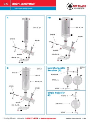 Ordering  Product Information: 1-800-223-4524  n  www.aceglass.com
Rotary Evaporators232
Subject to Ace Discount  Net
Glassware Assemblies
Interchangeable
Receiver (W)
Single Receiver
(E) 3973-08, -10
6726 Series
3978-07
6726 Series
3978-07
3973-04, -06
3973-01,
-03
R
3965-05, -07
3970-05
3965-30, -32
3978-05
3973-30
RB
3965-26, -28
3970-05
3965-30, -32
3978-05
3973-30
C 3971-21
6517-27
3971-01
3971-05, -03
3970-05
3965-30, -32
3978-05
3973-30
 