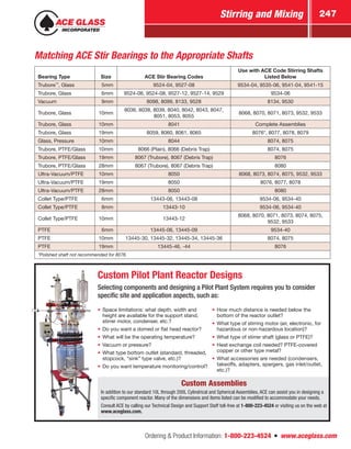 Ordering  Product Information: 1-800-223-4524  n  www.aceglass.com
Stirring and Mixing 247
Matching ACE Stir Bearings to the Appropriate Shafts
Bearing Type Size ACE Stir Bearing Codes
Use with ACE Code Stirring Shafts
Listed Below
Trubore™
, Glass  5mm 9524‑04, 9527‑08 9534‑04, 9535‑06, 9541‑04, 9541‑15
Trubore, Glass  6mm 9524‑06, 9524‑08, 9527‑12, 9527‑14, 9529 9534‑06
Vacuum  9mm 8098, 8099, 8133, 9528 8134, 9530
Trubore, Glass 10mm
8036, 8038, 8039, 8040, 8042, 8043, 8047,
8051, 8053, 8055
8068, 8070, 8071, 8073, 9532, 9533
Trubore, Glass 10mm 8041 Complete Assemblies
Trubore, Glass 19mm 8059, 8060, 8061, 8065 8076*, 8077, 8078, 8079
Glass, Pressure 10mm 8044 8074, 8075
Trubore, PTFE/Glass 10mm 8066 (Plain), 8066 (Debris Trap) 8074, 8075
Trubore, PTFE/Glass 19mm 8067 (Trubore), 8067 (Debris Trap) 8076
Trubore, PTFE/Glass 28mm 8067 (Trubore), 8067 (Debris Trap) 8080
Ultra-Vacuum/PTFE 10mm 8050 8068, 8073, 8074, 8075, 9532, 9533
Ultra-Vacuum/PTFE 19mm 8050 8076, 8077, 8078
Ultra-Vacuum/PTFE 28mm 8050 8080
Collet Type/PTFE  6mm 13443-06, 13443-08 9534-06, 9534-40
Collet Type/PTFE  8mm 13443-10 9534-06, 9534-40
Collet Type/PTFE 10mm 13443-12
8068, 8070, 8071, 8073, 8074, 8075,
9532, 9533
PTFE  6mm 13445-06, 13445-09 9534-40
PTFE 10mm 13445-30, 13445-32, 13445-34, 13445-36 8074, 8075
PTFE 19mm 13445-46, -44 8076
*Polished shaft not recommended for 8076.
Custom Pilot Plant Reactor Designs
Selecting components and designing a Pilot Plant System requires you to consider
specific site and application aspects, such as:
•	 Space limitations: what depth, width and
height are available for the support stand,
stirrer motor, condenser, etc.?
•	 Do you want a domed or flat head reactor?
•	 What will be the operating temperature?
•	 Vacuum or pressure?
•	 What type bottom outlet (standard, threaded,
stopcock, “sink” type valve, etc.)?
•	 Do you want temperature monitoring/control?
•	 How much distance is needed below the
bottom of the reactor outlet?
•	 What type of stirring motor (air, electronic, for
hazardous or non-hazardous location)?
•	 What type of stirrer shaft (glass or PTFE)?
•	 Heat exchange coil needed? PTFE-covered
copper or other type metal?
•	 What accessories are needed (condensers,
takeoffs, adapters, spargers, gas inlet/outlet,
etc.)?
Custom Assemblies
In addition to our standard 10L through 200L Cylindrical and Spherical Assemblies, ACE can assist you in designing a
specific component reactor. Many of the dimensions and items listed can be modified to accommodate your needs.
Consult ACE by calling our Technical Design and Support Staff toll-free at 1‑800‑223‑4524 or visiting us on the web at
www.aceglass.com.
 