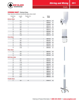 Ordering  Product Information: 1-800-223-4524  n  www.aceglass.com
Stirring and Mixing 261
Shafts
STIRRING SHAFT  Polished Glass
High tolerance polished borosilicate glass stirrer shaft.
Shaft Size,
mm
Length,
mm
Paddle O.D.,
mm Qty.
Order
Code
Button Style
6 318 — 1 9534-15
9 416 — 1 9530-04
9 610 — 1 8134-25
10 440 — 1 8075-12
10 580 — 1 8075-14
10 690 — 1 8075-15
19 700 — 1 8076-05
19 900 — 1 8076-07
19 1200 — 1 8076-10
Knob Style
10 440 — 1 8075-32
10 580 — 1 8075-34
10 690 — 1 8075-36
19 800 — 1 8076-42
19 1200 — 1 8076-44
19 1400 — 1 8076-46
Plain Style
10 440 — 1 8075-21
10 580 — 1 8075-23
10 690 — 1 8075-24
Drill Hole Style
19 800 — 1 8076-43
19 900 — 1 8076-40
19 1140 — 1 8076-45
19 1400 — 1 8076-48
28 1010 — 1 8080-12
28 1140 — 1 8080-14
28 1320 — 1 8080-18
28 1470 — 1 8080-22
28 1400 — 1 8080-24
28 1600 — 1 8080-30
28 2030 — 1 8080-25
Paddle Style
9 380 40 1 8134-15
 