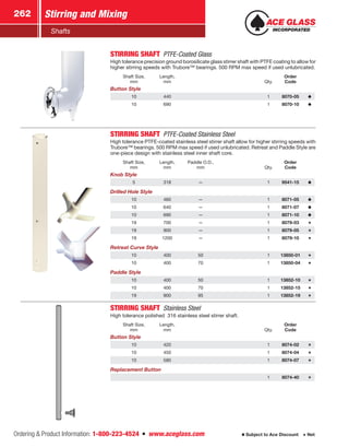 Ordering  Product Information: 1-800-223-4524  n  www.aceglass.com
Stirring and Mixing262
Subject to Ace Discount  Net
Shafts
STIRRING SHAFT  PTFE-Coated Glass
High tolerance precision ground borosilicate glass stirrer shaft with PTFE coating to allow for
higher stirring speeds with Trubore™ bearings. 500 RPM max speed if used unlubricated.
Shaft Size,
mm
Length,
mm Qty.
Order
Code
Button Style
10 440 1 8070-05
10 690 1 8070-10
STIRRING SHAFT  PTFE-Coated Stainless Steel
High tolerance PTFE-coated stainless steel stirrer shaft allow for higher stirring speeds with
Trubore™ bearings. 500 RPM max speed if used unlubricated. Retreat and Paddle Style are
one-piece design with stainless steel inner shaft core.
Shaft Size,
mm
Length,
mm
Paddle O.D.,
mm Qty.
Order
Code
Knob Style
5 318 — 1 9541-15
Drilled Hole Style
10 460 — 1 8071-05
10 640 — 1 8071-07
10 690 — 1 8071-10
19 700 — 1 8079-03
19 900 — 1 8079-05
19 1200 — 1 8079-10
Retreat Curve Style
10 400 50 1 13850-01
10 400 70 1 13850-04
Paddle Style
10 400 50 1 13852-10
10 400 70 1 13852-15
19 900 95 1 13852-19
STIRRING SHAFT  Stainless Steel
High tolerance polished 316 stainless steel stirrer shaft.
Shaft Size,
mm
Length,
mm Qty.
Order
Code
Button Style
10 420 1 8074-02
10 450 1 8074-04
10 580 1 8074-07
Replacement Button
1 8074-40
 