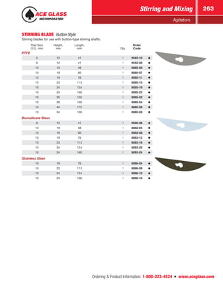 Ordering  Product Information: 1-800-223-4524  n  www.aceglass.com
Stirring and Mixing 263
Agitators
STIRRING BLADE  Button Style
Stirring blades for use with button-type stirring shafts.
Rod Size
O.D., mm
Height,
mm
Length,
mm Qty.
Order
Code
PTFE
5 12 41 1 9542-10
6 12 41 1 9542-20
10 19 48 1 8085-03
10 19 60 1 8085-07
10 19 76 1 8085-11
10 23 113 1 8085-15
10 24 134 1 8085-19
10 24 160 1 8085-23
19 35 150 1 8085-52
19 39 160 1 8085-54
19 44 175 1 8085-56
19 54 190 1 8085-58
Borosilicate Glass
9 12 41 1 9530-08
10 19 48 1 8083-04
10 19 60 1 8083-08
10 19 76 1 8083-12
10 23 113 1 8083-16
10 24 134 1 8083-20
10 24 160 1 8083-24
Stainless Steel
10 19 76 1 8086-04
10 23 113 1 8086-08
10 24 134 1 8086-12
10 24 160 1 8086-16
 