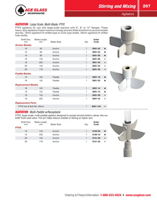Ordering  Product Information: 1-800-223-4524  n  www.aceglass.com
Stirring and Mixing 267
Agitators
AGITATOR Large Scale, Multi-Blade, PTFE
PTFE agitators for use with large-scale reactors with 6”, 8” or 12” flanges. These
heavy-duty agitators impart maximum energy and are offset at bottom to accommodate
slurries. 19mm agitators fit drilled type or knob type shafts. 28mm agitators fit drilled
hole shafts.
Shaft Size,
mm
Blade Length,
mm Blade Style Qty.
Order
Code
Anchor Blades
10 50 Anchor 1 8091-02
10 90 Anchor 1 8091-04
19 90 Anchor 1 8091-06
19 140 Anchor 1 8091-26
19 203 Anchor 1 8091-40
28 140 Anchor 1 8091-34
28 178 Anchor 1 8091-36
Paddle Blades
19 102 Paddle 1 8091-10
19 152 Paddle 1 8091-20
Replacement Blades
19 102 Paddle 1 8091-14
19 152 Paddle 1 8091-15
19 140 Anchor 1 8091-28
19 203 Anchor 1 8091-44
Replacement Parts
PTFE Nut  Bolt Set, 28mm 1 8091-134
AGITATOR  Multi-Paddle w/Receptacle
PTFE, large-scale, multi-paddle agitator designed to accept pinned bottom valves, like our
6482 flush-seal valve. The pin helps reduce wobble or flexing at higher rpm.
Shaft Size,
mm
Blade Length,
mm Blade Style Qty.
Order
Code
PTFE
19 140 Anchor 1 8100-09
19 200 Anchor 1 8100-19
28 140 Anchor 1 8101-28
28 178 Anchor 1 8101-38
 