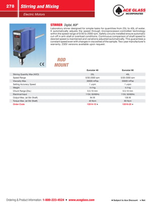 Ordering  Product Information: 1-800-223-4524  n  www.aceglass.com
Stirring and Mixing278
Subject to Ace Discount  Net
Electric Motors
STIRRER  Digital, IKA®
Laboratory stirrer designed for simple tasks for quantities from 25L to 40L of water.
It automatically adjusts the speed through microprocessor-controlled technology
within the speed range of 0/30 to 2000 rpm. Safety circuits installed ensure automatic
cut-off in anti-stall or overload conditions. Continuous comparison of shaft speed to
desired speed is maintained and variations adjusted automatically. This guarantees a
constant speed even with changes in viscosities of the sample. Two-year manufacturer’s
warranty. 230V versions available upon request.
Eurostar 40 Eurostar 60
Stirring Quantity Max (H2O) 25L 40L
Speed Range 0/30-2000 rpm 0/30-2000 rpm
Viscosity Max 30000 mPas 50000 mPas
Setting Accuracy Speed 1 ±rpm 1 ±rpm
Weight 4.4 kg 4.4 kg
Chuck Range (Dia.) 0.5-10 mm 0.5-10 mm
Electrical Input 115V, 50/60Hz 115V, 50/60Hz
Output Max. (at Stir Shaft) 84 W 126 W
Torque Max. (at Stir Shaft) 40 Ncm 60 Ncm
Order Code 13514-10 13516-20
ROD
MOUNT
 