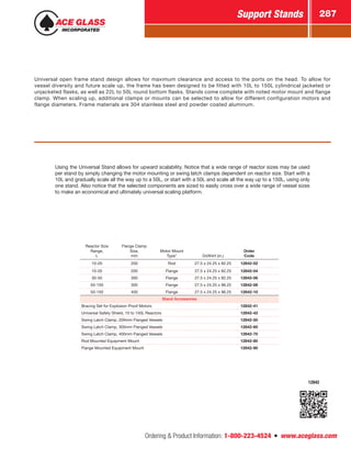 Ordering  Product Information: 1-800-223-4524  n  www.aceglass.com
Support Stands 287
Using the Universal Stand allows for upward scalability. Notice that a wide range of reactor sizes may be used
per stand by simply changing the motor mounting or swing latch clamps dependent on reactor size. Start with a
10L and gradually scale all the way up to a 50L, or start with a 50L and scale all the way up to a 150L, using only
one stand. Also notice that the selected components are sized to easily cross over a wide range of vessel sizes
to make an economical and ultimately universal scaling platform.
Reactor Size
Range,
L
Flange Clamp
Size,
mm
Motor Mount
Type* DxWxH (in.)
Order
Code
10-20 200 Rod 27.5 x 24.25 x 82.25 12842-02
10-20 200 Flange 27.5 x 24.25 x 82.25 12842-04
30-50 300 Flange 27.5 x 24.25 x 82.25 12842-06
50-150 300 Flange 27.5 x 24.25 x 96.25 12842-08
50-150 400 Flange 27.5 x 24.25 x 96.25 12842-10
Stand Accessories
Bracing Set for Explosion Proof Motors 12842-41
Universal Safety Shield, 10 to 150L Reactors 12842-42
Swing Latch Clamp, 200mm Flanged Vessels 12842-50
Swing Latch Clamp, 300mm Flanged Vessels 12842-60
Swing Latch Clamp, 400mm Flanged Vessels 12842-70
Rod Mounted Equipment Mount 12842-80
Flange Mounted Equipment Mount 12842-90
12842
Universal open frame stand design allows for maximum clearance and access to the ports on the head. To allow for
vessel diversity and future scale up, the frame has been designed to be fitted with 10L to 150L cylindrical jacketed or
unjacketed flasks, as well as 22L to 50L round bottom flasks. Stands come complete with noted motor mount and flange
clamp. When scaling up, additional clamps or mounts can be selected to allow for different configuration motors and
flange diameters. Frame materials are 304 stainless steel and powder coated aluminum.
 