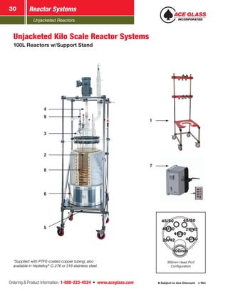 Unjacketed Reactors
Reactor Systems30
Ordering & Product Information: 1-800-223-4524  n  www.aceglass.com Subject to Ace Discount  Net
Unjacketed Kilo Scale Reactor Systems
100L Reactors w/Support Stand
*Supplied with PTFE-coated copper tubing; also
available in Hastelloy®
C-276 or 316 stainless steel.
3
2
8
6
5
100mm
45/50
45/50
45/50
29/42
29/42
45/50
300mm Head Port
Configuration
100mm
45/50
45/50
1
7
4
9
 