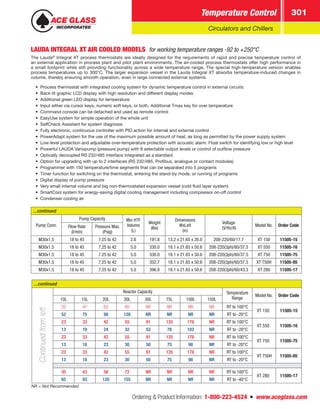 Ordering  Product Information: 1-800-223-4524  n  www.aceglass.com
Temperature Control 301
Circulators and Chillers
...continued
Pump Conn.
Pump Capacity Min HTF
Volume
(L)
Weight
(lbs)
Dimensions
WxLxH
(in)
Voltage
(V/Hz/A)
Model No. Order CodeFlow Rate
(l/min)
Pressure Max.
(Psig)
M30x1.5 18 to 45 7.25 to 42 2.6 191.8 13.2 x 21.65 x 26.0 208-220/60/17.7 XT 150 11505-15
M30x1.5 18 to 45 7.25 to 42 5.0 330.0 18.1 x 21.65 x 50.6 208-220(3ph)/60/37.5 XT 550 11505-16
M30x1.5 18 to 45 7.25 to 42 5.0 330.0 18.1 x 21.65 x 50.6 208-220(3ph)/60/37.5 XT 750 11505-75
M30x1.5 18 to 45 7.25 to 42 5.0 352.7 18.1 x 21.65 x 50.6 208-220(3ph)/60/37.5 XT 750H 11505-85
M30x1.5 18 to 45 7.25 to 42 5.0 396.8 18.1 x 21.65 x 50.6 208-220(3ph)/60/43.3 XT 280 11505-17
LAUDA INTEGRAL XT AIR COOLED MODELS for working temperature ranges -92 to +250°C
The Lauda®
Integral XT process thermostats are ideally designed for the requirements of rapid and precise temperature control of
an external application in process plant and pilot plant environments. The air-cooled process thermostats offer high performance in
a small footprint while still providing functionality across a wide temperature range. The special high-temperature version enables
process temperatures up to 300°C. The larger expansion vessel in the Lauda Integral XT absorbs temperature-induced changes in
volume, thereby ensuring smooth operation, even in large connected external systems.
•	 Process thermostat with integrated cooling system for dynamic temperature control in external circuits
•	 Back-lit graphic LCD display with high resolution and different display modes
•	 Additional green LED display for temperature
•	 Input either via cursor keys, numeric soft keys, or both. Additional Tmax key for over temperature
•	 Command console can be detached and used as remote control
•	 EasyUse system for simple operation of the whole unit
•	 SelfCheck Assistant for system diagnosis
•	 Fully electronic, continuous controller with PID action for internal and external control
•	 PowerAdapt system for the use of the maximum possible amount of heat, as long as permitted by the power supply system
•	 Low-level protection and adjustable over-temperature protection with acoustic alarm. Float switch for identifying low or high level
•	 Powerful LAUDA Variopump (pressure pump) with 8 selectable output levels or control of outflow pressure
•	 Optically decoupled RS 232/485 interface integrated as a standard
•	 Option for upgrading with up to 2 interfaces (RS 232/485, Profibus, analogue or contact modules)
•	 Programmer with 150 temperature/time segments that can be separated into 5 programs
•	 Timer function for switching on the thermostat, entering the stand-by mode, or running of programs
•	 Digital display of pump pressure
•	 Very small internal volume and big non-thermostated expansion vessel (cold fluid layer system)
•	 SmartCool system for energy-saving digital cooling management including compressor on-off control
•	 Condenser cooling air
...continued
Continuedfromleft
Reactor Capacity Temperature
Range
Model No. Order Code
10L 15L 20L 30L 50L 75L 100L 150L
33 47 62 80 NR NR NR NR RT to 100°C
XT 150 11505-15
52 75 98 128 NR NR NR NR RT to -20°C
23 33 42 55 91 135 178 NR RT to 100°C
XT 550 11505-16
13 19 24 32 53 78 102 NR RT to -20°C
23 33 42 55 91 135 178 NR RT to 100°C
XT 750 11505-75
13 18 23 30 50 75 98 NR RT to -20°C
23 33 42 55 91 135 178 NR RT to 100°C
XT 750H 11505-85
13 18 23 30 50 75 98 NR RT to -20°C
30 43 56 72 NR NR NR NR RT to 100°C
XT 280 11505-17
65 93 120 155 NR NR NR NR RT to -40°C
NR = Not Recommended
 