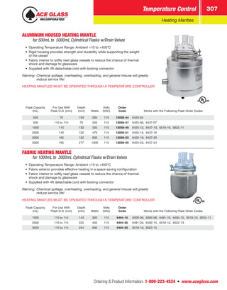 Ordering  Product Information: 1-800-223-4524  n  www.aceglass.com
Temperature Control 307
Heating Mantles
ALUMINUM HOUSED HEATING MANTLE 
for 500mL to 5000mL Cylindrical Flasks w/Drain Valves
•	 Operating Temperature Range: Ambient +10 to +450°C
•	 Rigid housing provides strength and durability while supporting the weight
of the vessel
•	 Fabric interior to softly nest glass vessels to reduce the chance of thermal
shock and damage to glassware
•	 Supplied with 4ft detachable cord with locking connector
Warning:	Chemical spillage, overheating, overloading, and general misuse will greatly
	 reduce service life!
HEATING MANTLES MUST BE OPERATED THROUGH A TEMPERATURE CONTROLLER
Flask Capacity
(mL)
For Use With
Flask O.D. (mm)
Depth
(mm) Watts
Volts
(VAC)
Order
Code Works with the Following Flask Order Codes
500 70 159 280 115 12058-44 6425-04
500 110 to 114 76 250 115 12058-47 6425-06, 6437-07
1000 110 133 335 115 12058-49 6425-12, 6437-13, 6518-10, 6522-11
2000 140 152 470 115 12058-51 6425-15, 6437-16
3000 165 152 600 115 12058-53 6425-19, 6437-20
5000 165 277 1000 115 12058-55 6425-23, 6437-24
FABRIC HEATING MANTLE 
for 1000mL to 3000mL Cylindrical Flasks w/Drain Valves
•	 Operating Temperature Range: Ambient +10 to +450°C
•	 Fabric exterior provides effective heating in a space saving configuration
•	 Fabric interior to softly nest glass vessels to reduce the chance of thermal
shock and damage to glassware
•	 Supplied with 4ft detachable cord with locking connector
Warning:	Chemical spillage, overheating, overloading, and general misuse will greatly
	 reduce service life!
HEATING MANTLES MUST BE OPERATED THROUGH A TEMPERATURE CONTROLLER
Flask Capacity
(mL)
For Use With
Flask O.D. (mm)
Depth
(mm) Watts
Volts
(VAC)
Order
Code Works with the Following Flask Order Codes
1000 110 to 114 143 300 115 6494-10 6300-06, 6300-08, 6491-10, 6492-15, 6518-10, 6522-11
2000 110 to 114 225 450 115 6494-20 6491-20, 6492-15, 6518-12, 6522-13
3000 110 to 114 254 600 115 6494-25 6518-16, 6522-15
 