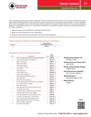 Unjacketed Reactors
Reactor Systems 31
Ordering & Product Information: 1-800-223-4524  n  www.aceglass.com
Select a base system dependent on desired capacity and motor mounting type.
Capacity (L)
Base Systems
for Flange Mount Motors*
100 12846-21
Base Systems include the following components:
No. Description Qty.
Order
Code
1 50-150L Universal Stand w/Mount for Flange Mount Motors 1 12842-08
2 100L Unjacketed Flask w/Flush Seal Valve 1 6473-05
3
300mm, 7 Neck Head 1 6530-45
300mm PTFE Gasket 1 6525-51
300mm Flange Clamp 1 6525-30
Torque Wrench, 30 in-lbs. 1 6525-60
1/4in. Socket 1 6525-61
100mm Glass Cap 1 15312-33
100mm CAPFE O-Ring 1 7855-880
100mm Quick-release Clamp 1 6517-25
4
28mm Glass Stirring Shaft, 58in Length 1 8080-22
28mm Shaft Collar 1 8127-28
28mm PTFE Ace-Thred Bearing 1 8067-105
8in. O.D. Multi-paddle Style Lower Agitator w/Receptacle 1 8101-38
6in O.D. Upper Turbine, 45 Degree 1 8093-35
28mm Shaft Coupling 1 8126-28
5
Flush Seal Drain Valve w/CAPFE O-Ring and Top Pin 1 6482-20
2in. Beaded Pipe Coupling 1 8856-11
6
775 Watt Aluminum Heating Mantle w/Hole, 230VAC 1 12053-75
1100 Watt Girdle Mantle, 4 Circuit, 230VAC 1 12041-53
7
Pilot Plant Temperature Controller, 240VAC, 5 Circuit 1 13552-08
1/4 x 48in. PFA Coated Type “J” Thermocouple 1 12141-29
Type “J” Coiled Thermocouple Extension Cord 1 12141-80
8
Heat Exchange Cooling Coil, PTFE-Clad Copper 1 12067-79
29/42 to #15 Ace-Thred Adapter 2 5030-42
9 #25 to 45/50 Probe Adapter 1 5279-10
12846-21
Working Temp Range (°C):
	 Ambient to 200
Working Pressure Range (Torr):
	 Atm to 200
Mantle Control Supply Voltage:
	 240VAC 60Hz
Stand Dimensions (DxWxH):
	 27.5 x 24.25 x 96.25in
Wetted Surfaces:
	 Borosilicate glass, PTFE
Motor Mounts:
	Flange
100L Unjacketed reactor base system. Designed for maximum diversity and ease of use, we have developed a simple
base system building platform which allows any reactor system to be customized using catalog or custom designed
parts. Each base system comes with the basic starting components required. Simply select the motor and accessories
needed to complete the design. For customized components or application design, contact our technical department
for further assistance.
1. Select the base system dependent on desired working volume.
2. Select the motor that best suits your application.
3. Select the components and accessories which best fit your application.
 