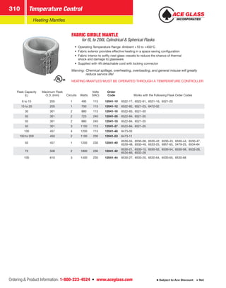 Ordering  Product Information: 1-800-223-4524  n  www.aceglass.com
Temperature Control310
Subject to Ace Discount  Net
Heating Mantles
FABRIC GIRDLE MANTLE 
for 6L to 200L Cylindrical  Spherical Flasks
•	 Operating Temperature Range: Ambient +10 to +450°C
•	 Fabric exterior provides effective heating in a space saving configuration
•	 Fabric interior to softly nest glass vessels to reduce the chance of thermal
shock and damage to glassware
•	 Supplied with 4ft detachable cord with locking connector
Warning:	Chemical spillage, overheating, overloading, and general misuse will greatly
	 reduce service life!
HEATING MANTLES MUST BE OPERATED THROUGH A TEMPERATURE CONTROLLER
Flask Capacity
(L)
Maximum Flask
O.D. (mm) Circuits Watts
Volts
(VAC)
Order
Code Works with the Following Flask Order Codes
6 to 15 205 1 495 115 12041-10 6522-17, 6522-81, 6521-16, 6521-20
15 to 20 205 1 700 115 12041-12 6522-82, 6521-25, 6472-02
30 301 2 880 115 12041-16 6522-83, 6521-30
50 301 2 725 240 12041-35 6522-84, 6521-35
50 301 2 880 240 12041-18 6522-84, 6521-35
50 301 3 1100 115 12041-37 6522-84, 6521-35
100 457 4 1200 115 12041-48 6473-05
100 to 200 450 2 1100 230 12041-53 6473-11
50 457 1 1200 230 12041-40
6530-04, 6530-08, 6530-42, 6530-43, 6530-44, 6530-47,
6530-48, 6530-49, 6533-25, 6957-65, 5479-25, 6534-64
72 508 2 1800 230 12041-42
6530-21, 6530-15, 6530-52, 6530-54, 6530-56, 6533-28,
6534-66, 6533-28
100 610 3 1400 230 12041-44 6530-27, 6530-20, 6530-64, 6530-65, 6530-66
 