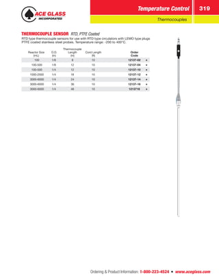Ordering  Product Information: 1-800-223-4524  n  www.aceglass.com
Temperature Control 319
Thermocouples
THERMOCOUPLE SENSOR  RTD, PTFE Coated
RTD type thermocouple sensors for use with RTD type circulators with LEMO type plugs.
PTFE coated stainless steel probes. Temperature range: -200 to 400°C.
Reactor Size
(mL)
O.D.
(in)
Thermocouple
Length
(in)
Cord Length
(ft)
Order
Code
100 1/8 8 10 12137-02
100-500 1/8 12 10 12137-04
100-500 1/4 12 10 12137-10
1000-2000 1/4 18 10 12137-12
3000-6000 1/4 24 10 12137-14
3000-6000 1/4 36 10 12137-16
3000-6000 1/4 48 10 1213718
 