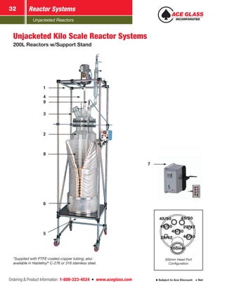 Unjacketed Reactors
Reactor Systems32
Ordering & Product Information: 1-800-223-4524  n  www.aceglass.com Subject to Ace Discount  Net
*Supplied with PTFE-coated copper tubing; also
available in Hastelloy®
C-276 or 316 stainless steel.
Unjacketed Kilo Scale Reactor Systems
200L Reactors w/Support Stand
100mm
45/50
45/50
45/50
29/42
29/42
45/50
300mm Head Port
Configuration
100mm
45/50
45/50
7
2
8
6
5
1
3
4
9
 
