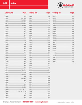 Ordering  Product Information: 1-800-223-4524  n  www.aceglass.com
Index332
Subject to Ace Discount  Net
Catalog No.	 Page Catalog No.	 Page Catalog No.	 Page
12193............................................ 210
12194.................................... 211, 325
12262.....................................294-299
12274.....................................296-299
12299.................................... 145, 299
12300............................................ 145
12312............................................ 314
12314............................................ 314
12324............................................ 314
12327............................................ 315
12420............................................ 159
12450............................................ 109
12517.............................................. 98
12560............................................ 192
12563............................................ 192
12630............................................ 152
12631............................................ 152
12632............................................ 153
12633............................................ 153
12636............................................ 153
12677............................................ 298
12709............................................ 148
12711............................................ 148
12715............................................ 149
12716............................................ 149
12719.................................... 150, 151
12722............................................ 150
12731.................................... 150, 151
12736............................................ 150
12737.................................... 150, 151
12739............................................ 150
12770.............................................. 50
12841............................................ 290
12842...................................... 23, 287
12845................................. 17, 19 , 21
12846............................ 27, 29, 31, 33
12847.............................................. 37
12850............................................ 175
12858............................................ 187
12860............................................ 186
12861.............................................. 97
12862............................................ 186
12864............................................ 186
12866............................................ 187
12867............................................ 187
12869............................................ 187
12871............................................ 187
12990............................................ 147
13070............................................ 226
13071............................................ 226
13080............................................ 226
13081............................................ 226
13219............................................ 289
13220............................................ 289
13231............................................ 225
13234............................................ 225
13286............................................ 237
13301............................................ 231
13365............................................ 275
13370............................................ 274
13372............................................ 274
13385............................................ 274
13430............................................ 114
13441............................................ 142
13443............................................ 254
13445............................................ 249
13470.............................................. 71
13507............................................ 276
13511............................................ 276
13514............................................ 278
13516............................................ 278
13517............................................ 279
13518............................................ 279
13523............................................ 279
13530............................................ 283
13532............................................ 283
13542............................................ 277
13543............................................ 277
13544............................................ 277
13552............................................ 320
13553............................................ 282
13555............................................ 282
13565............................................ 280
13566............................................ 281
13568............................................ 290
13602............................................ 288
13649............................................ 283
13850............................................ 262
13852............................................ 262
14090............................................ 224
14091............................................ 224
14092............................................ 224
14098............................................ 222
14100............................................ 222
14101............................................ 222
14108............................................ 298
14112............................................ 223
14301............................................ 227
14302............................................ 227
15312............................................ 185
 