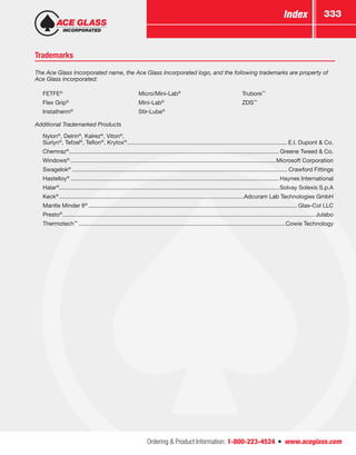 Ordering  Product Information: 1-800-223-4524  n  www.aceglass.com
Index 333
The Ace Glass Incorporated name, the Ace Glass Incorporated logo, and the following trademarks are property of
Ace Glass Incorporated:
Additional Trademarked Products
	Nylon®
, Delrin®
, Kalrez®
, Viton®
,
	Surlyn®
, Tefzel®
, Teflon®
, Krytox®
.................................................................................................... E.I. Dupont  Co.
	Chemraz®
................................................................................................................................... Greene Tweed  Co.
	Windows®
................................................................................................................................Microsoft Corporation
	Swagelok®
...................................................................................................................................... Crawford Fittings
	Hastelloy®
.................................................................................................................................. Haynes International
	Halar®
.........................................................................................................................................Solvay Solexis S.p.A
	Keck®
...................................................................................................................Adcuram Lab Technologies GmbH
	 Mantle Minder II®
.................................................................................................................................. Glas-Col LLC
	Presto®
............................................................................................................................................................. Julabo
	Thermotech™
.................................................................................................................................Cowie Technology
Trademarks
	FETFE®
	 Flex Grip®
	Instatherm®
Micro/Mini-Lab®
Mini-Lab®
Stir-Lube®
Trubore™
ZDS™
 