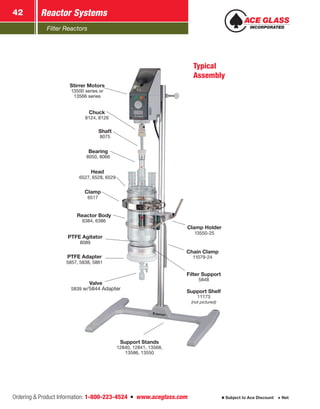 Filter Reactors
Reactor Systems42
Ordering  Product Information: 1-800-223-4524  n  www.aceglass.com Subject to Ace Discount  Net
PTFE Agitator
8089
Filter Support
5848
PTFE Adapter
5857, 5838, 5861
Valve
5839 w/5844 Adapter
Reactor Body
6384, 6386
Clamp Holder
13550-25
Chain Clamp
11079-24
Support Stands
12840, 12841, 13568,
13586, 13550
Stirrer Motors
13500 series or
13566 series
Chuck
8124, 8126
Shaft
8075
Clamp
6517
Bearing
8050, 8066
Head
6527, 6528, 6529
Typical
Assembly
Support Shelf
11173
(not pictured)
 
