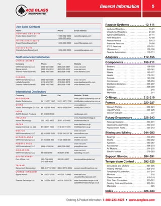 Ordering & Product Information: 1-800-223-4524  n  www.aceglass.com
General Information 5
North American Distributors
U N I T E D S TAT E S
Company Phone Fax Website
VWR International, LLC (800) 932-5000 (866) 329-2897 www.vwr.com
Sigma Aldrich (800) 325-3010 (800) 325-5052 www.sial.com
Thermo-Fisher Scientific (800) 766-7000 (800) 926-1166 www.fishersci.com
C A N A D A
VWR International, LLC (800) 932-5000 (800) 668-6348 www.vwr.com
LaSalle Scientific (519) 824-7301 (519) 824-9576 www.lasallescientific.com
Thermo-Fisher Scientific (800) 766-7000 (800) 926-1166 www.fishersci.com
International Distributors
Company Phone Fax Website / E-Mail
A R G E N T I N A www.julabo-sudamerica.com.ar
Julabo Sudamerica 54 11 4371 1647 54 11 4371 1756 info@julabo-sudamerica.com.ar
C H I N A www.julabo.cn
Julabo Technologies Co. Ltd. 86 10 5165 6060 86 10 6439 0344 info@julabo.com.cn
I N D I A
AVAPS Biotech Products 91 40 65578728 rao@avaps.com
I R E L A N D www.masontechnology.ie
Mason Technology 353 1 453 4422 353 1 415 4492 info@masontec.ie
J A PA N www.daichem.co.jp
Osaka Chemical Co. Ltd. 81 6 6311 1050 81 6 6311 1070 info@daichem.co.jp
M E X I C O www.vwr.com
VWR International, LLC 52 55 5005 0100 52 55 2451 97 39 vwrmx@vwr.com
N E T H E R L A N D S www.vwr.com
VWR International, LLC 31 20 4808 400 31 20 4808 480 info@nl.vwr.com
P U E R T O R I C O www.vwr.com
VWR International, LLC (866) 870-6336 (866) 329-2897 prspq@vwr.com
S I N G A P O R E www.vwr.com
VWR International, LLC 86 6505 0760 86 6264 3780 sales@sg.vwr.com
S O U T H K O R E A
Don & Bros., Inc. 562-754-0608
310-354-8030
562-924-0607 donnbros@sbcglobal.net
TA I W A N
Consortech Corporation 886-2-2715-1850 886-2-2713-2354 consort.corp@msa.hinet.net
U N I T E D K I N G D O M
Sigma Aldrich 44 1202 712300 44 1202 715460 www.sial.com
ukcustsv@europe.sial.com
Thermal Exchange Ltd. 44 116 254 6652 44 116 255 9176 www.thermalexchange.co.uk
sales@thermalexchange.co.uk
Ace Sales Contacts
Name Phone Email Address
D o m e s t i c U S A S a l e s
Inside Sales Department 1-856-692-3333
1-800-223-4524
sales@aceglass.com
I n t e r n a t i o n a l S a l e s
Export Sales Department 1-856-692-3333 export@aceglass.com
C a n a d a S a l e s
Canada Sales Department 1-856-692-3333 canada@aceglass.com
Reactor Systems . . . . . . . . . . 12-111
	 Jacketed Reactors. . . . . . . . . . . . . . . . . . . . . 14-21
	 Unjacketed Reactors . . . . . . . . . . . . . . . . . . . 24-33
	 Spherical Reactors. . . . . . . . . . . . . . . . . . . . . 34-41
	 Filter Reactors . . . . . . . . . . . . . . . . . . . . . . . . 42-59	
	Photochemical. . . . . . . . . . . . . . . . . . . . . . . . 60-73
	 Pressure Reactors . . . . . . . . . . . . . . . . . . . . . 74-99
	 PTFE Reactors. . . . . . . . . . . . . . . . . . . . . . 100-101	
	Ultrasonics. . . . . . . . . . . . . . . . . . . . . . . . . 102-109
	 Reactor Automation. . . . . . . . . . . . . . . . . . 110-111
Adapters. . . . . . . . . . . . . . . . 112-155
Components. . . . . . . . . . . . . 156-211
	Beakers. . . . . . . . . . . . . . . . . . . . . . . . . . . . 158-159
	Bottles . . . . . . . . . . . . . . . . . . . . . . . . . . . . 160-161
	Flasks. . . . . . . . . . . . . . . . . . . . . . . . . . . . . 162-177
	Heads. . . . . . . . . . . . . . . . . . . . . . . . . . . . . 178-191
	Funnels. . . . . . . . . . . . . . . . . . . . . . . . . . . . 192-196
	Condensers . . . . . . . . . . . . . . . . . . . . . . . . 198-204
	 Distillation Columns. . . . . . . . . . . . . . . . . . 205-207
	Spargers. . . . . . . . . . . . . . . . . . . . . . . . . . . 208-209
	Baffles. . . . . . . . . . . . . . . . . . . . . . . . . . . . . . . . . 210
	Manifolds. . . . . . . . . . . . . . . . . . . . . . . . . . . . . . 211
O-Rings. . . . . . . . . . . . . . . . . 212-219
Pumps. . . . . . . . . . . . . . . . . . 220-227
	 Vacuum Pumps. . . . . . . . . . . . . . . . . . . . . 222-224
	 Liquid Pumps. . . . . . . . . . . . . . . . . . . . . . . 225-226
	 Vacuum Gauges. . . . . . . . . . . . . . . . . . . . . . . . . 227
Rotary Evaporators . . . . . . . 228-243
	 Rotavap Systems. . . . . . . . . . . . . . . . . . . . 230-231
	 Glassware Assemblies. . . . . . . . . . . . . . . . 232-233
	 Replacement Parts. . . . . . . . . . . . . . . . . . . 234-243
Stirring and Mixing. . . . . . . . 244-283
	Bearings. . . . . . . . . . . . . . . . . . . . . . . . . . . 249-259	
	Shafts. . . . . . . . . . . . . . . . . . . . . . . . . . . . . 260-262
	Agitators. . . . . . . . . . . . . . . . . . . . . . . . . . . 263-267
	Accessories . . . . . . . . . . . . . . . . . . . . . . . . 268-273
	 Air Motors. . . . . . . . . . . . . . . . . . . . . . . . . . 274-275
	 Electric Motors. . . . . . . . . . . . . . . . . . . . . . 276-283
Support Stands. . . . . . . . . . . 284-291
Temperature Control . . . . . . 292-325
	 Circulators and Chillers . . . . . . . . . . . . . . . 294-305
	 Heating Mantles. . . . . . . . . . . . . . . . . . . . . 306-310
	 Temperature Controllers. . . . . . . . . . . . . . . 311-314
	Monitors. . . . . . . . . . . . . . . . . . . . . . . . . . . . . . . 315
	Thermocouples. . . . . . . . . . . . . . . . . . . . . . 316-319
	 Pilot Plant Controllers. . . . . . . . . . . . . . . . . 320-321
	 Cooling Coils and Controls. . . . . . . . . . . . . 322-324
	Manifolds. . . . . . . . . . . . . . . . . . . . . . . . . . . . . . 325
Index . . . . . . . . . . . . . . . . . . . 326-333
 
