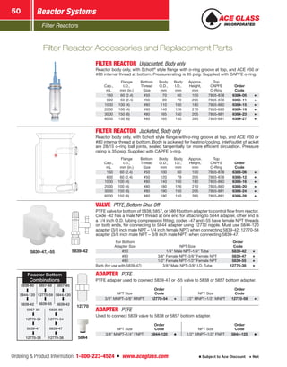Filter Reactors
Reactor Systems50
Ordering  Product Information: 1-800-223-4524  n  www.aceglass.com Subject to Ace Discount  Net
FILTER REACTOR  Unjacketed, Body only
Reactor body only, with Schott®
style flange with o‑ring groove at top, and ACE #50 or
#80 internal thread at bottom. Pressure rating is 35 psig. Supplied with CAPFE o‑ring.
Cap.,
mL
Flange
I.D.,
mm (in.)
Bottom
Thread
Size
Body
O.D.,
mm
Body
I.D.,
mm
Approx.
Height,
mm
Top
CAPFE
O‑Ring
Order
Code
 150   60 (2.4) #50  70  60 100 7855-878 6384-05
 600   60 (2.4) #50  89  79 205 7855-878 6384-11
1000 100 (4) #80 110 100 180 7855-880 6384-15
2000 100 (4) #80 140 126 210 7855-880 6384-19
3000 150 (6) #80 165 150 205 7855-881 6384-23
6000 150 (6) #80 165 150 395 7855-881 6384-27
FILTER REACTOR  Jacketed, Body only
Reactor body only, with Schott style flange with o‑ring groove at top, and ACE #50 or
#80 internal thread at bottom. Body is jacketed for heating/cooling. Inlet/outlet of jacket
are 28/15 o‑ring ball joints, sealed tangentially for more efficient circulation. Pressure
rating is 35 psig. Supplied with CAPFE o‑ring.
Cap.,
mL
Flange
I.D.,
mm (in.)
Bottom
Thread
Size
Body
O.D.,
mm
Body
I.D.,
mm
Approx.
Height,
mm
Top
CAPFE
O‑Ring
Order
Code
 150   60 (2.4) #50 100  60 100 7855-878 6386-06
 600   60 (2.4) #50 120  79 205 7855-878 6386-12
1000 100 (4) #80 140 100 180 7855-880 6386-16
2000 100 (4) #80 180 126 210 7855-880 6386-20
3000 150 (6) #80 190 150 205 7855-881 6386-24
6000 150 (6) #80 190 150 395 7855-881 6386-28
5839-425839-47, -55
VALVE  PTFE, Bottom Shut Off
PTFE valve for bottom of 5838, 5857, or 5861 bottom adapter to control flow from reactor.
Code -42 has a male NPT thread at one end for attaching to 5844 adapter, other end is
a 1/4 inch O.D. tubing compression fitting; codes -47 and -55 have female NPT threads
on both ends, for connecting to 5844 adapter using 12770 nipple. Must use 5844-120
adapter (3/8 inch male NPT – 1/4 inch female NPT) when connecting 5839-42; 12770-54
adapter (3/8 inch male NPT – 3/8 inch male NPT) when connecting 5839-47.
For Bottom
Adapter Size NPT Size
Order
Code
#50 1/4 Male NPT–1/4 Tube  5839-42
#80 3/8 Female NPT–3/8 Female NPT  5839-47
#80 1/2 Female NPT–1/2 Female NPT  5839-55
Barb (for use with 5839-47) 3/8 Male NPT–3/8 I.D. Tube 12770-38
12770
5844
Reactor Bottom
Combinations
5838-80
5844-120
5839-42
5857-85
5844-120
5839-42
5838-80
12770-54
5839-47
12770-38
5857-85
12770-54
5839-47
12770-38
5857-68
12770-59
5839-55
ADAPTER PTFE 
PTFE adapter used to connect 5839-47 or -55 valve to 5838 or 5857 bottom adapter.
NPT Size
Order
Code NPT Size
Order
Code
3/8 MNPT–3/8 MNPT 12770-54 1/2 MNPT–1/2 MNPT 12770-59
ADAPTER PTFE 
Used to connect 5839 valve to 5838 or 5857 bottom adapter.
NPT Size
Order
Code NPT Size
Order
Code
3/8 MNPT–1/4 FNPT 5844-120 1/2 MNPT–1/2 FNPT 5844-125
Filter Reactor Accessories and Replacement Parts
 