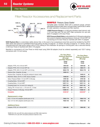 Filter Reactors
Reactor Systems52
Ordering  Product Information: 1-800-223-4524  n  www.aceglass.com Subject to Ace Discount  Net
Filter Reactor Accessories and Replacement Parts
13385-44
5844-176 8767-20
5844-74
5844-62
12517-14
5844-74
6448-24
6445-12
MANIFOLD  Pressure, Epoxy Coated 
Complete glass manifold, fitted with a pressure gauge, primary
adjustable pressure relief valve, and secondary rupture disc to allow
for safer operation of pressure and filter reactors.
13385 Pressure Gauge is a 0-60 psig stainless steel internal, with
1-1/2 inch face and 1/8 inch NPT male connection for use with
5844-74 adapter in #15 Ace‑Thred.
8767PressureReliefValveisadjustablefrom3-50psigbyadjusting
set screws to desired cracking pressure. Ends are 1/4 inch NPT for
connecting to #15 Ace‑Thred on manifold with 5844-74 adapter.
6445 Rupture Disc is a secondary safety device that, in the event of an overpressure (one that cannot be handled by the 8767
relief valve) will rupture at a predetermined burst rating; 55 psig (±3 psig) for -12 version, 65 psig (±3 psig) for -41 version. Disc is
manufactured from high-purity carbon with a PTFE coating on the underside. No springs or moving parts, disc is secured directly
in #25 Ace‑Thred of manifold with 5844‑176 adapter.
Manifold is connected to #7 Ace‑Thred on 6433 head using 5844‑58 adapter (must be ordered separately) and 12517 tubing
connectors with 1/4 inch tubing.
For Two-Piece
Pressure ­Reactors
(55 psig)
and Filter Reactors
For One-Piece
Pressure ­Reactors
(65 psig)
Order
Code
Order
Code
Adapter, PTFE, #15–1/8 inch NPT  5844-62  5844-62
Adapter, PTFE, #15–1/4 inch NPT (3)  5844-74  5844-74
Adapter, PTFE, #25–1/4 inch NPT, w/o O‑ring  5844-176  5844-176
Rupture Disc, Graphite, 55 psig  6445-12
Rupture Disc, Graphite, 65 psig (for pressure version only)  6445-41
Manifold, Glass, (4) #15, (1) #25, Epoxy Coated  6448-24  6448-24
Valve, Pressure Relief, 1/4 inch NPT, 3–50 psig  8767-20  8767-20
Coupling Body, 1/8 inch MPT 12517-08 12517-08
Coupling Body, 1/4 inch MPT 12517-14 12517-14
Coupling Insert, for 1/4 inch O.D. tubing (2) 12517-40 12517-40
Tubing, PP, 1/4 inch O.D. x .170 inch I.D., 10 feet 12681-110 12681-110
Gauge, Pressure, 0–60 psig, 1/8 inch MPT 13385-44 13385-44
Complete  6448-54*  6448-68**
Replacement o-rings
Size –110 for #15 adapters (shelf-pack of 12)  7855-716  7855-716
Size –212 for #25 adapters (shelf-pack of 6)  7855-734  7855-734
Additional Items
Adapter, PTFE, #7–1/8 inch NPT  5844-58  5844-58
*6448-54 is for use with two-piece pressure and filter style reactors.
**6448-68 is for use with one-piece pressure reactors only.
 