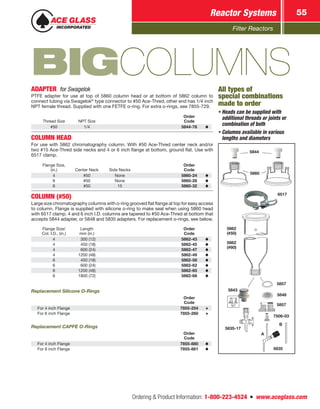 Filter Reactors
Reactor Systems 55
Ordering  Product Information: 1-800-223-4524  n  www.aceglass.com
BIGCOLUMNSADAPTER  for Swagelok
PTFE adapter for use at top of 5860 column head or at bottom of 5862 column to
connect tubing via Swagelok®
type connector to #50 Ace‑Thred, other end has 1/4 inch
NPT female thread. Supplied with one FETFE o‑ring. For extra o‑rings, see 7855-729.
Thread Size NPT Size
Order
Code
#50 1/4 5844-78
5860
All types of
special combinations
made to order
•	Heads can be supplied with
additional threads or joints or
combination of both
•	Columns available in various
lengths and diameters
5844
6517
5862
(#50)
5862
(#80)
5843
5857
5848
5857
7506-03
5835-17
A
B
5835
COLUMN HEAD
For use with 5862 chromatography column. With #50 Ace‑Thred center neck and/or
two #15 Ace‑Thred side necks and 4 or 6 inch flange at bottom, ground flat. Use with
6517 clamp.
Flange Size,
(in.) Center Neck Side Necks
Order
Code
4 #50 None 5860-24
6 #50 None 5860-28
6 #50 15 5860-32
COLUMN (#50)
Large size chromatography columns with o‑ring grooved flat flange at top for easy access
to column. Flange is supplied with silicone o‑ring to make seal when using 5860 head
with 6517 clamp. 4 and 6 inch I.D. columns are tapered to #50 Ace‑Thred at bottom that
accepts 5844 adapter, or 5848 and 5835 adapters. For replacement o‑rings, see below.
Flange Size/
Col. I.D., (in.)
Length
mm (in.)
Order
Code
4   300 (12) 5862-43
4   450 (18) 5862-45
4   600 (24) 5862-47
4 1200 (48) 5862-49
6   450 (18) 5862-58
6   600 (24) 5862-62
6 1200 (48) 5862-65
6 1800 (72) 5862-68
Replacement Silicone O‑Rings
Order
Code
For 4 inch Flange 7855-254
For 6 inch Flange 7855-260
Replacement CAPFE O‑Rings
Order
Code
For 4 inch Flange 7855-880
For 6 inch Flange 7855-881
 
