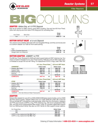 Filter Reactors
Reactor Systems 57
Ordering  Product Information: 1-800-223-4524  n  www.aceglass.com
BIGCOLUMNSADAPTER  Bottom Drip, w/1:5 PTFE Stopcock
Drip tip for bottom of 5862 column using 5843 coupling. One end has #25 Ace‑Thred,
other with drip tip and 4mm bore PTFE stopcock for controlling flow.
Ace-Thred Bore Size
Order
Code
#25 4 5835-17
BOTTOM OUTLET VALVE  w/ or w/o Stopcock
Two versions are available. Both take 3/8-inch Swagelok fittings, and they can be secured
to a bottom adapter via 7506-03 front-seal bushing.
Type
Order
Code
0-8mm Threaded Stopcock 5835-32
Straight Stem w/o Stopcock 5835-34
A
B
BOTTOM ADAPTER  UHMWPE* or PTFE
Fits #80 Ace‑Thred. Recessed for 5848 perforated support plate and 5857 retaining ring. Your
choice of bottom threaded for #11 Ace‑Thred bushing 7506-03 to secure 5835 outlet valve,
or threaded to accept 3/8 inch NPT fitting. For replacement FETFE o‑rings, order 7855-764.
UHMWPE*
#11 Ace‑Thred Hole 3/8 inch NPT Hole
Order Code Order Code
Adapter, #80 Thred 5857-30   5857-35
Support Plate 5848-60   5848-60
Retaining Ring 5857-50   5857-50
Bushing 7506-03 —
Connector, 3/8 inch — 12770-27
COMPLETE 5857-44  5857-46
PTFE
#11 Ace‑Thred Hole 3/8 inch NPT Hole
Order Code Order Code
Adapter, #80 Thred 5857-60   5857-64
Support Plate 5848-60   5848-60
Retaining Ring 5857-52   5857-52
Bushing 7506-03 —
Connector, 3/8 inch — 12770-27
COMPLETE 5857-67  5857-69
*UHMWPE — Ultra High Molecular Weight Polypropylene
ADAPTER
Bottomfilteradapterforusewithour6384,63866388glassreactorbodies,andour6390
all PTFE reactor bodies. Adapter differs from our codes 5838-83  5857-86 in that the
3/8 inch female NPT is located as a side discharge, rather than thru the bottom. Adapters
are PTFE and include a CAPFE o-ring, PTFE retaining ring, 100 micron polyethylene filter
disc, and 350 micron polypropylene filter screen. Code -07 includes a glass filter support
from our 5848 product family. See also our 5814 family for filter support screen options.
For Thread Size Order Code
#50 5861-03
#80 5861-07
CAPFE o‑ring, replacement for #50, Pkg/1 7855-829
CAPFE o‑ring, replacement for #80, Pkg/1 7855-864
 