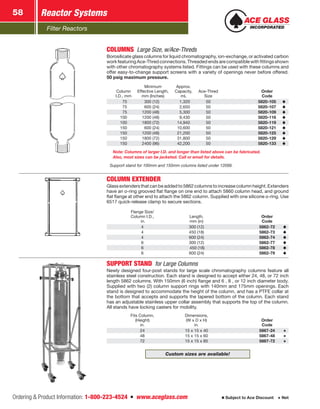 Filter Reactors
Reactor Systems58
Ordering  Product Information: 1-800-223-4524  n  www.aceglass.com Subject to Ace Discount  Net
COLUMNS  Large Size, w/Ace-Threds
Borosilicate glass columns for liquid chromatography, ion-exchange, or activated carbon
work featuring Ace-Thred connections. Threaded ends are compatible with fittings shown
with other chromatography systems listed. Fittings can be used with these columns and
offer easy-to-change support screens with a variety of openings never before offered.
50 psig maximum pressure.
Column
I.D., mm
Minimum
Effective Length,
mm (Inches)
Approx.
Capacity,
mL
Ace-Thred
Size
Order
Code
 75   300 (12)  1,320 50 5820-105
 75   600 (24)  2,650 50 5820-107
 75 1200 (48)  5,300 50 5820-109
100 1200 (48)  9,430 50 5820-116
100 1800 (72) 14,940 50 5820-119
150   600 (24) 10,600 50 5820-121
150 1200 (48) 21,200 50 5820-125
150 1800 (72) 31,800 50 5820-129
150 2400 (96) 42,200 50 5820-133
Note: Columns of larger I.D. and longer than listed above can be fabricated.
Also, most sizes can be jacketed. Call or email for details.
Support stand for 100mm and 150mm columns listed under 12099.
COLUMN EXTENDER
Glass extenders that can be added to 5862 columns to increase column height. Extenders
have an o‑ring grooved flat flange on one end to attach 5860 column head, and ground
flat flange at other end to attach the 5862 column. Supplied with one silicone o‑ring. Use
6517 quick-release clamp to secure sections.
Flange Size/
Column I.D.,
in.
Length,
mm (in)
Order
Code
4 300 (12) 5862-72
4 450 (18) 5862-73
4 600 (24) 5862-74
6 300 (12) 5862-77
6 450 (18) 5862-78
6 600 (24) 5862-79
SUPPORT STAND  for Large Columns
Newly designed four-post stands for large scale chromatography columns feature all
stainless steel construction. Each stand is designed to accept either 24, 48, or 72 inch
length 5862 columns. With 150mm (6 inch) flange and 6 , 8 , or 12 inch diameter body.
Supplied with two (2) column support rings with 140mm and 175mm openings. Each
stand is designed to accommodate the height of the column, and has a PTFE collar at
the bottom that accepts and supports the tapered bottom of the column. Each stand
has an adjustable stainless upper collar assembly that supports the top of the column.
All stands have locking casters for mobility.
Fits Column,
(Height)
in.
Dimensions,
(W x D x H)
in.
Order
Code
24 15 x 15 x 40 5867-24
48 15 x 15 x 60 5867-48
72 15 x 15 x 85 5867-72
Custom sizes are available!
 