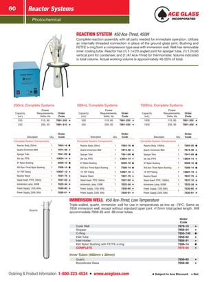 Photochemical
Reactor Systems60
Ordering  Product Information: 1-800-223-4524  n  www.aceglass.com Subject to Ace Discount  Net
REACTION SYSTEM #50 Ace-Thred, 450W
Complete reaction assembly with all parts needed for immediate operation. Utilizes
an internally threaded connection in place of the ground glass joint. Bushing and
FETFE o‑ring form a compression type seal with immersion well. Well has removable
inner cooling tube. Reactor has (1)  14/20 angled joint for sparger tube, (1)  24/40
vertical joint for condenser, and (1) #7 Ace-Thred for thermometer. Volume indicated
is total volume. Actual working volume is approximately 40-50% of total.
Description Qty.
Order
Code
Complete System Components
Reactor Body, 250mL 1 7863-16
Quartz Immersion Well 1 7874-38
Sparger Tube 1 7841-09
Stir bar, PTFE 1 13654-14
#7 Nylon Bushing 1 5029-10
#50 Ace-Thred Nylon Bushing 1 7506-14
10’ FEP Tubing 1 12687-12
Reactor Stand 1 7837-75
Stand Insert, PTFE, 250mL 1 7837-02
Immersion Lamp, 450W 1 7825-34
Power Supply, 120V, 60Hz
1
7830-60
Power Supply, 230V, 50Hz 7830-61
250mL Complete Systems
Capacity
(mL)
Power
Requirements,
Volts, Hz
Order
Code
250 115, 60 7861-245
250 230, 50 7861-410
Description Qty.
Order
Code
Complete System Components
Reactor Body, 500mL 1 7863-18
Quartz Immersion Well 1 7874-38
Sparger Tube 1 7841-09
Stir bar, PTFE 1 13654-14
#7 Nylon Bushing 1 5029-10
#50 Ace-Thred Nylon Bushing 1 7506-14
10’ FEP Tubing 1 12687-12
Reactor Stand 1 7837-75
Stand Insert, PTFE, 500mL 1 7837-05
Immersion Lamp, 450W 1 7825-34
Power Supply, 120V, 60Hz
1
7830-60
Power Supply, 230V, 50Hz 7830-61
500mL Complete Systems
Capacity
(mL)
Power
Requirements,
Volts, Hz
Order
Code
500 115, 60 7861-250
500 230, 50 7861-430
Description Qty.
Order
Code
Complete System Components
Reactor Body, 1000mL 1 7863-20
Quartz Immersion Well 1 7874-38
Sparger Tube 1 7841-09
Stir bar, PTFE 1 13654-14
#7 Nylon Bushing 1 5029-10
#50 Ace-Thred Nylon Bushing 1 7506-14
10’ FEP Tubing 1 12687-12
Reactor Stand 1 7837-75
Stand Insert, PTFE, 1000mL 1 7837-10
Immersion Lamp, 450W 1 7825-34
Power Supply, 120V, 60Hz
1
7830-60
Power Supply, 230V, 50Hz 7830-61
1000mL Complete Systems
Capacity
(mL)
Power
Requirements,
Volts, Hz
Order
Code
1000 115, 60 7861-255
1000 230, 50 7861-450
Quartz
IMMERSION WELL  #50 Ace-Thred, Low Temperature
Triple-walled, quartz, immersion well for use in temperatures as low as -78ºC. Same as
7858 immersion well, except without standard taper joint. 415mm total jacket length. Will
accommodate 7858-85 and -88 inner tubes.
Order
Code
Outer Well 7876-10
Stopper 7858-84
O‑Ring 7855-740
Inlet Tube 7858-82
Inlet Holder 7858-81
#50 Nylon Bushing with FETFE o‑ring 7506-14
COMPLETE 7876-50
Inner Tubes (480mm x 30mm)
Quartz 7858-85
Borosilicate Glass 7858-88
 