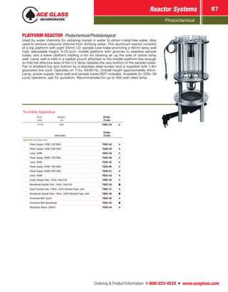 Photochemical
Reactor Systems 67
Ordering  Product Information: 1-800-223-4524  n  www.aceglass.com
PLATFORM REACTOR Photochemical/Photobiological
Used by water chemists for radiating metals in water to obtain metal-free water. Also
used to remove unbound chlorine from drinking water. This aluminum reactor consists
of a top platform with eight 33mm I.D. sample tube holes encircling a 40mm lamp well
hole; adjustable height, 0-20.5cm, middle platform with grooves to stabilize sample
tubes; and a lower platform holding a fan for blowing air up the side of center lamp
well. Lamp well is held in a basket pouch attached to the middle platform low enough
so that the effective area of the U.V. lamp radiates the very bottom of the sample tubes.
Fan is shielded top and bottom by a stainless steel screen and is supplied with 1.8m
grounded line cord. Operates on 115v, 50/60 Hz. Overall height approximately 40cm.
Lamp, power supply, lamp well and sample tubes NOT included. Available for 230v, 50
cycle operation, ask for quotation. Recommended for up to 450 watt rated lamp.
Description
Order
Code
Optional Accessories
Power Supply, 100W, 120V 60Hz 7830-52
Power Supply, 100W, 230V 50Hz 7830-53
Lamp, 100W 7825-30
Power Supply, 200W, 120V 60Hz 7830-56
Lamp, 200W 7825-32
Power Supply, 450W, 120V 60Hz 7830-60
Power Supply, 450W, 230V 50Hz 7830-61
Lamp, 450W 7825-34
Quartz Sample Tube, 130mL, Plain End 7892-30
Borosilicate Sample Tube, 130mL, Plain End 7892-35
Quartz Sample Tube, 130mL, 24/40 Standard Taper Joint 7892-31
Borosilicate Sample Tube, 130mL, 24/40 Standard Taper Joint 7892-36
Immersion Well, Quartz 7892-40
Immersion Well, Borosilicate 7892-45
Absorption Sleeve, 280mm 7835-44
Turntable Apparatus
O.D.,
mm
Height,
cm
Order
Code
177.8 400 7892-24
 