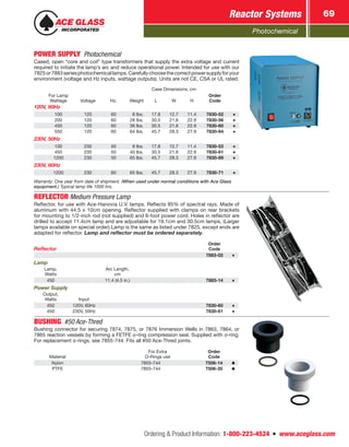 Photochemical
Reactor Systems 69
Ordering  Product Information: 1-800-223-4524  n  www.aceglass.com
POWER SUPPLY Photochemical 
Cased, open “core and coil” type transformers that supply the extra voltage and current
required to initiate the lamp’s arc and reduce operational power. Intended for use with our
7825or7883seriesphotochemicallamps.Carefullychoosethecorrectpowersupplyforyour
environment (voltage and Hz inputs, wattage outputs). Units are not CE, CSA or UL rated.
Case Dimensions, cm
For Lamp
Wattage Voltage Hz. Weight L W H
Order
Code
120V, 60Hz
100 120 60   8 lbs. 17.8 12.7 11.4 7830-52
200 120 60 28 lbs. 30.5 21.6 22.9 7830-56
450 120 60 36 lbs. 30.5 21.6 22.9 7830-60
550 120 60 64 lbs. 45.7 28.3 27.9 7830-64
230V, 50Hz
100 230 50   8 lbs. 17.8 12.7 11.4 7830-53
450 230 50 40 lbs. 30.5 21.6 22.9 7830-61
1200 230 50 65 lbs. 45.7 28.3 27.9 7830-89
230V, 60Hz
1200 230 60 65 lbs. 45.7 28.3 27.9 7830-71
Warranty: One year from date of shipment. (When used under normal conditions with Ace Glass
equipment.) Typical lamp life 1000 hrs.
REFLECTORMedium Pressure Lamp
Reflector, for use with Ace-Hanovia U.V. lamps. Reflects 85% of spectral rays. Made of
aluminum with 44.5 x 10cm opening. Reflector supplied with clamps on rear brackets
for mounting to 1/2-inch rod (not supplied) and 6-foot power cord. Holes in reflector are
drilled to accept 11.4cm lamp and are adjustable for 19.1cm and 30.5cm lamps, (Larger
lamps available on special order).Lamp is the same as listed under 7825, except ends are
adapted for reflector. Lamp and reflector must be ordered separately.
Reflector
Order
Code
7883-02
Lamp
Lamp,
Watts
Arc Length,
cm
450 11.4 (4.5 in.) 7883-14
Power Supply
Output,
Watts Input
450 120V, 60Hz 7830-60
450 230V, 50Hz 7830-61
BUSHING  #50 Ace-Thred
Bushing connector for securing 7874, 7875, or 7876 Immersion Wells in 7863, 7864, or
7865 reaction vessels by forming a FETFE o‑ring compression seal. Supplied with o‑ring.
For replacement o‑rings, see 7855-744. Fits all #50 Ace-Thred joints.
Material
For Extra
O-Rings use
Order
Code
Nylon 7855-744 7506-14
PTFE 7855-744 7506-35
 