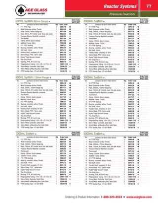 Pressure Reactors
Reactor Systems 77
Ordering  Product Information: 1-800-223-4524  n  www.aceglass.com
500mL System (60mm Flange)
Order Code
6427-207
No. (contains all items listed below) Qty Order Code
1 #15 PTFE Plug 2 5846-48
2 West Condenser w/Ace‑Threds 1 6024-20
3 Flask, 500mL, 60mm flange top 1 6427-09
4 Head, 60mm, #15 center neck, three side necks 1 6433-23
5 Pressure Reactor Manifold, complete 1 6448-54
6 Thermowell 1 6471-04
7 Clamp, 60mm, Quick-release 1 6517-22
8 Addition Funnel, 60mL 1 7299-06
9 #15 PTFE Bushing 2 7506-27
10 Bearing, complete, w/Ace‑Threds 1 8044-24
11 Stir Shaft, 10mm 1 8075-12
12 Flexible Shaft, complete, 91.4cm 1 8081-30
13 Stirrer Blade, PTFE, 19mm wide 1 8082-02
14 Krytox®
High Vacuum Grease 1 8116-10
15 Flex-Grip Chuck 1 8124-10
16 Bushing, PTFE, #15 w/O‑ring 1 8648-19
17 Polypropylene Tubing, 1/4 in. OD x 0.170 in. ID 1 12681-110
18 Stirrer Motor Controller, Solid State 1 13530-10
19 Stirrer Motor w/Mounting Rod, Solid State 1 13649-09
20 PTFE Sealing Tape, 1/2 inch Width 1 14120-18
500mL System (100mm Flange)
Order Code
6427-209
No. (contains all items listed below) Qty Order Code
1 #15 PTFE Plug 2 5846-48
2 West Condenser w/Ace‑Threds 1 6024-20
3 Flask, 500mL, 100mm flange top 1 6427-13
4 Head, 100mm, #15 center neck, four side necks 1 6433-35
5 Pressure Reactor Manifold, complete 1 6448-54
6 Thermowell 1 6471-10
7 Clamp, 100mm, Quick-release 1 6517-25
8 Addition Funnel, 60mL 1 7299-06
9 #15 PTFE Bushing 2 7506-27
10 Bearing, complete, w/Ace‑Threds 1 8044-24
11 Stir Shaft, 10mm 1 8075-12
12 Flexible Shaft, complete, 91.4cm 1 8081-30
13 Stirrer Blade, PTFE, 19mm wide 1 8082-04
14 Krytox®
High Vacuum Grease 1 8116-10
15 Flex-Grip Chuck 1 8124-10
16 Bushing, PTFE, #15 w/O‑ring 1 8648-19
17 Polypropylene Tubing, 1/4 in. OD x 0.170 in. ID 1 12681-110
18 Stirrer Motor Controller, Solid State 1 13530-10
19 Stirrer Motor w/Mounting Rod, Solid State 1 13649-09
20 PTFE Sealing Tape, 1/2 inch Width 1 14120-18
1000mL System
Order Code
6427-212
No. (contains all items listed below) Qty Order Code
1 #15 PTFE Plug 2 5846-48
2 West Condenser w/Ace‑Threds 1 6024-20
3 Flask, 1000mL, 100mm flange top 1 6427-16
4 Head, 100mm, #15 center neck, four side necks 1 6433-35
5 Pressure Reactor Manifold, complete 1 6448-54
6 Thermowell 1 6471-14
7 Clamp, 100mm, Quick-release 1 6517-25
8 Addition Funnel, 125mL 1 7299-12
9 #15 PTFE Bushing 2 7506-27
10 Bearing, complete, w/Ace‑Threds 1 8044-24
11 Stir Shaft, 10mm 1 8075-12
12 Flexible Shaft, complete, 91.4cm 1 8081-30
13 Stirrer Blade, PTFE, 19mm wide 1 8082-04
14 Krytox®
High Vacuum Grease 1 8116-10
15 Flex-Grip Chuck 1 8124-10
16 Bushing, PTFE, #15 w/O‑ring 1 8648-19
17 Polypropylene Tubing, 1/4 in. OD x 0.170 in. ID 1 12681-110
18 Stirrer Motor Controller, Solid State 1 13530-10
19 Stirrer Motor w/Mounting Rod, Solid State 1 13649-09
20 PTFE Sealing Tape, 1/2 inch Width 1 14120-18
2000mL System
Order Code
6427-217
No. (contains all items listed below) Qty Order Code
1 #15 PTFE Plug 2 5846-48
2 West Condenser w/Ace‑Threds 1 6024-20
3 Flask, 2000mL, 100mm flange top 1 6427-18
4 Head, 100mm, #15 center neck, four side necks 1 6433-35
5 Pressure Reactor Manifold, complete 1 6448-54
6 Thermowell 1 6471-14
7 Clamp, 100mm, Quick-release 1 6517-25
8 Addition Funnel, 150mL 1 7299-25
9 #15 PTFE Bushing 2 7506-27
10 Bearing, complete, w/Ace‑Threds 1 8044-24
11 Stir Shaft, 10mm 1 8075-12
12 Flexible Shaft, complete, 91.4cm 1 8081-30
13 Stirrer Blade, PTFE, 19mm wide 1 8082-04
14 Krytox®
High Vacuum Grease 1 8116-10
15 Flex-Grip Chuck 1 8124-10
16 Bushing, PTFE, #15 w/O‑ring 1 8648-19
17 Polypropylene Tubing, 1/4 in. OD x 0.170 in. ID 1 12681-110
18 Stirrer Motor Controller, Solid State 1 13530-10
19 Stirrer Motor w/Mounting Rod, Solid State 1 13649-09
20 PTFE Sealing Tape, 1/2 inch Width 1 14120-18
3000mL System
Order Code
6427-223
No. (contains all items listed below) Qty Order Code
1 #15 PTFE Plug 3 5846-48
2 West Condenser w/Ace‑Threds 1 6024-20
3 Flask, 3000mL, 150mm flange top 1 6427-23
4 Head, 150mm, #15 center neck, five side necks 1 6433-44
5 Pressure Reactor Manifold, complete 1 6448-54
6 Thermowell 1 6471-22
7 Clamp, 150mm, Quick-release 1 6517-27
8 Addition Funnel, 150mL 1 7299-25
9 #15 PTFE Bushing 2 7506-27
10 Bearing, complete, w/Ace‑Threds 1 8044-24
11 Stir Shaft, 10mm 1 8075-12
12 Flexible Shaft, complete, 91.4cm 1 8081-30
13 Stirrer Blade, PTFE, 24mm wide 1 8082-06
14 Krytox®
High Vacuum Grease 1 8116-10
15 Flex-Grip Chuck 1 8124-10
16 Bushing, PTFE, #15 w/O‑ring 1 8648-19
17 Polypropylene Tubing, 1/4in. OD x 0.170 in. ID 1 12681-110
18 Stirrer Motor Controller, Solid State 1 13530-10
19 Stirrer Motor w/Mounting Rod, Solid State 1 13649-09
20 PTFE Sealing Tape, 1/2 inch Width 1 14120-18
5000mL System
Order Code
6427-228
No. (contains all items listed below) Qty Order Code
1 #15 PTFE Plug 3 5846-48
2 West Condenser w/Ace‑Threds 1 6024-20
3 Flask, 5000mL, 150mm flange top 1 6427-26
4 Head, 150mm, #15 center neck, five side necks 1 6433-44
5 Pressure Reactor Manifold, complete 1 6448-54
6 Thermowell 1 6471-24
7 Clamp, 150mm, Quick-release 1 6517-27
8 Addition Funnel, 500mL 1 7299-34
9 #15 PTFE Bushing 2 7506-27
10 Bearing, complete, w/Ace‑Threds 1 8044-24
11 Stir Shaft, 10mm 1 8075-14
12 Flexible Shaft, complete, 91.4cm 1 8081-30
13 Stirrer Blade, PTFE, 24mm wide 1 8082-06
14 Krytox®
High Vacuum Grease 1 8116-10
15 Flex-Grip Chuck 1 8124-10
16 Bushing, PTFE, #15 w/O‑ring 1 8648-19
17 Polypropylene Tubing, 1/4 in. OD x 0.170 in. ID 1 12681-110
18 Stirrer Motor Controller, Solid State 1 13530-10
19 Stirrer Motor w/Mounting Rod, Solid State 1 13649-09
20 PTFE Sealing Tape, 1/2 inch Width 1 14120-18
 