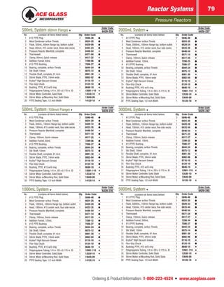 Pressure Reactors
Reactor Systems 79
Ordering  Product Information: 1-800-223-4524  n  www.aceglass.com
500mL System (60mm Flange)
Order Code
6429-229
No. (contains all items listed below) Qty Order Code
1 #15 PTFE Plug 2 5846-48
2 West Condenser w/Ace‑Threds 1 6024-20
3 Flask, 500mL, 60mm flange top, bottom outlet 1 6429-09
4 Head, 60mm, #15 center neck, three side necks 1 6433-23
5 Pressure Reactor Manifold, complete 1 6448-54
6 Thermowell 1 6471-04
7 Clamp, 60mm, Quick-release 1 6517-22
8 Addition Funnel, 60mL 1 7299-06
9 #15 PTFE Bushing 2 7506-27
10 Bearing, complete, w/Ace‑Threds 1 8044-24
11 Stir Shaft, 10mm 1 8075-12
12 Flexible Shaft, complete, 91.4cm 1 8081-30
13 Stirrer Blade, PTFE, 19mm wide 1 8082-02
14 Krytox®
High Vacuum Grease 1 8116-10
15 Flex-Grip Chuck 1 8124-10
16 Bushing, PTFE, #15 w/O‑ring 1 8648-19
17 Polypropylene Tubing, 1/4 in. OD x 0.170 in. ID 1 12681-110
18 Stirrer Motor Controller, Solid State 1 13530-10
19 Stirrer Motor w/Mounting Rod, Solid State 1 13649-09
20 PTFE Sealing Tape, 1/2 inch Width 1 14120-18
500mL System (100mm Flange)
Order Code
6429-232
No. (contains all items listed below) Qty Order Code
1 #15 PTFE Plug 2 5846-48
2 West Condenser w/Ace‑Threds 1 6024-20
3 Flask, 500mL, 100mm flange top, bottom outlet 1 6429-14
4 Head, 100mm, #15 center neck, four side necks 1 6433-35
5 Pressure Reactor Manifold, complete 1 6448-54
6 Thermowell 1 6471-10
7 Clamp, 100mm, Quick-release 1 6517-25
8 Addition Funnel, 60mL 1 7299-06
9 #15 PTFE Bushing 2 7506-27
10 Bearing, complete, w/Ace‑Threds 1 8044-24
11 Stir Shaft, 10mm 1 8075-12
12 Flexible Shaft, complete, 91.4cm 1 8081-30
13 Stirrer Blade, PTFE, 19mm wide 1 8082-04
14 Krytox®
High Vacuum Grease 1 8116-10
15 Flex-Grip Chuck 1 8124-10
16 Bushing, PTFE, #15 w/O‑ring 1 8648-19
17 Polypropylene Tubing, 1/4 in. OD x 0.170 in. ID 1 12681-110
18 Stirrer Motor Controller, Solid State 1 13530-10
19 Stirrer Motor w/Mounting Rod, Solid State 1 13649-09
20 PTFE Sealing Tape, 1/2 inch Width 1 14120-18
1000mL System
Order Code
6429-235
No. (contains all items listed below) Qty Order Code
1 #15 PTFE Plug 2 5846-48
2 West Condenser w/Ace‑Threds 1 6024-20
3 Flask, 1000mL, 100mm flange top, bottom outlet 1 6429-20
4 Head, 100mm, #15 center neck, four side necks 1 6433-35
5 Pressure Reactor Manifold, complete 1 6448-54
6 Thermowell 1 6471-14
7 Clamp, 100mm, Quick-release 1 6517-25
8 Addition Funnel, 125mL 1 7299-12
9 #15 PTFE Bushing 2 7506-27
10 Bearing, complete, w/Ace‑Threds 1 8044-24
11 Stir Shaft, 10mm 1 8075-12
12 Flexible Shaft, complete, 91.4cm 1 8081-30
13 Stirrer Blade, PTFE, 19mm wide 1 8082-04
14 Krytox®
High Vacuum Grease 1 8116-10
15 Flex-Grip Chuck 1 8124-10
16 Bushing, PTFE, #15 w/O‑ring 1 8648-19
17 Polypropylene Tubing, 1/4 in. OD x 0.170 in. ID 1 12681-110
18 Stirrer Motor Controller, Solid State 1 13530-10
19 Stirrer Motor w/Mounting Rod, Solid State 1 13649-09
20 PTFE Sealing Tape, 1/2 inch Width 1 14120-18
2000mL System
Order Code
6429-237
No. (contains all items listed below) Qty Order Code
1 #15 PTFE Plug 2 5846-48
2 West Condenser w/Ace‑Threds 1 6024-20
3 Flask, 2000mL, 100mm flange top, bottom outlet 1 6429-24
4 Head, 100mm, #15 center neck, four side necks 1 6433-35
5 Pressure Reactor Manifold, complete 1 6448-54
6 Thermowell 1 6471-14
7 Clamp, 100mm, Quick-release 1 6517-25
8 Addition Funnel, 150mL 1 7299-25
9 #15 PTFE Bushing 2 7506-27
10 Bearing, complete, w/Ace‑Threds 1 8044-24
11 Stir Shaft, 10mm 1 8075-12
12 Flexible Shaft, complete, 91.4cm 1 8081-30
13 Stirrer Blade, PTFE, 19mm wide 1 8082-04
14 Krytox®
High Vacuum Grease 1 8116-10
15 Flex-Grip Chuck 1 8124-10
16 Bushing, PTFE, #15 w/O‑ring 1 8648-19
17 Polypropylene Tubing, 1/4 in. OD x 0.170 in. ID 1 12681-110
18 Stirrer Motor Controller, Solid State 1 13530-10
19 Stirrer Motor w/Mounting Rod, Solid State 1 13649-09
20 PTFE Sealing Tape, 1/2 inch Width 1 14120-18
3000mL System
Order Code
6429-242
No. (contains all items listed below) Qty Order Code
1 #15 PTFE Plug 3 5846-48
2 West Condenser w/Ace‑Threds 1 6024-20
3 Flask, 3000mL, 150mm flange top, bottom outlet 1 6429-28
4 Head, 150mm, #15 center neck, five side necks 1 6433-44
5 Pressure Reactor Manifold, complete 1 6448-54
6 Thermowell 1 6471-22
7 Clamp, 150mm, Quick-release 1 6517-27
8 Addition Funnel, 150mL 1 7299-25
9 #15 PTFE Bushing 2 7506-27
10 Bearing, complete, w/Ace‑Threds 1 8044-24
11 Stir Shaft, 10mm 1 8075-12
12 Flexible Shaft, complete, 91.4cm 1 8081-30
13 Stirrer Blade, PTFE, 24mm wide 1 8082-06
14 Krytox®
High Vacuum Grease 1 8116-10
15 Flex-Grip Chuck 1 8124-10
16 Bushing, PTFE, #15 w/O‑ring 1 8648-19
17 Polypropylene Tubing, 1/4 in. OD x 0.170 in. ID 1 12681-110
18 Stirrer Motor Controller, Solid State 1 13530-10
19 Stirrer Motor w/Mounting Rod, Solid State 1 13649-09
20 PTFE Sealing Tape, 1/2 inch Width 1 14120-18
5000mL System
Order Code
6429-245
No. (contains all items listed below) Qty Order Code
1 #15 PTFE Plug 3 5846-48
2 West Condenser w/Ace‑Threds 1 6024-20
3 Flask, 5000mL, 150mm flange top, bottom outlet 1 6429-33
4 Head, 150mm, #15 center neck, five side necks 1 6433-44
5 Pressure Reactor Manifold, complete 1 6448-54
6 Thermowell 1 6471-24
7 Clamp, 150mm, Quick-release 1 6517-27
8 Addition Funnel, 500mL 1 7299-34
9 #15 PTFE Bushing 2 7506-27
10 Bearing, complete, w/Ace‑Threds 1 8044-24
11 Stir Shaft, 10mm 1 8075-14
12 Flexible Shaft, complete, 91.4cm 1 8081-30
13 Stirrer Blade, PTFE, 24mm wide 1 8082-06
14 Krytox®
High Vacuum Grease 1 8116-10
15 Flex-Grip Chuck 1 8124-10
16 Bushing, PTFE, #15 w/O‑ring 1 8648-19
17 Polypropylene Tubing, 1/4 in. OD x 0.170 in. ID 1 12681-110
18 Stirrer Motor Controller, Solid State 1 13530-10
19 Stirrer Motor w/Mounting Rod, Solid State 1 13649-09
20 PTFE Sealing Tape, 1/2 inch Width 1 14120-18
 