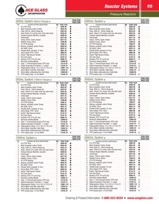 Pressure Reactors
Reactor Systems 85
Ordering  Product Information: 1-800-223-4524  n  www.aceglass.com
500mL System (60mm Flange)
Order Code
6423-200
No. (contains all items listed below) Qty Order Code
1 #15 PTFE Plug 2 5846-48
2 West Condenser w/Ace‑Threds 1 6024-20
3 Flask, 500 mL, 60mm flange top 1 6423-05
4 Head, 60mm, #15 center neck, three side necks 1 6433-23
5 Pressure Reactor Manifold, complete 1 6448-54
6 Thermowell 1 6471-04
7 Clamp, 60mm, Quick-release 1 6517-22
8 Addition Funnel, 60mL 1 7299-06
9 #15 PTFE Bushing 2 7506-27
10 Bearing, complete, w/Ace‑Threds 1 8044-24
11 Stir Shaft, 10mm 1 8075-12
12 Flexible Shaft, complete, 91.4cm 1 8081-30
13 Stirrer Blade, PTFE, 19mm 1 8082-02
14 Krytox®
High Vacuum Grease 1 8116-10
15 Flex-Grip Chuck 1 8124-10
16 Bushing, PTFE, #15 w/O‑ring 1 8648-19
17 Aluminum Heating Mantle 1 12058-03
18 Type “J” Thermocouple Sensor, PTFE-clad 1 12110-25
19 Digital Temperature Controller, “J” output 1 12125-14
20 Polypropylene Tubing, 1/4 in. OD x 0.170 in. ID 1 12681-110
21 Stirrer Motor Controller, Solid State 1 13530-10
22 Stirrer Motor w/Mounting Rod, Solid State 1 13649-09
23 PTFE Sealing Tape, 1/2 inch Width 1 14120-18
500mL System (100mm Flange)
Order Code
6423-205
No. (contains all items listed below) Qty Order Code
1 #15 PTFE Plug 2 5846-48
2 West Condenser w/Ace‑Threds 1 6024-20
3 Flask, 500 mL, 100mm flange top 1 6423-07
4 Head, 100mm, #15 center neck, four side necks 1 6433-35
5 Pressure Reactor Manifold, complete 1 6448-54
6 Thermowell 1 6471-10
7 Clamp, 100mm, Quick-release 1 6517-25
8 Addition Funnel, 60mL 1 7299-06
9 #15 PTFE Bushing 2 7506-27
10 Bearing, complete, w/Ace‑Threds 1 8044-24
11 Stir Shaft, 10mm 1 8075-12
12 Flexible Shaft, complete, 91.4cm 1 8081-30
13 Stirrer Blade, PTFE, 19mm 1 8082-04
14 Krytox®
High Vacuum Grease 1 8116-10
15 Flex-Grip Chuck 1 8124-10
16 Bushing, PTFE, #15 w/O‑ring 1 8648-19
17 Aluminum Heating Mantle 1 12058-07
18 Type “J” Thermocouple Sensor, PTFE-clad 1 12110-25
19 Digital Temperature Controller, “J” output 1 12125-14
20 Polypropylene Tubing, 1/4 in. OD x 0.170 in. ID 1 12681-110
21 Stirrer Motor Controller, Solid State 1 13530-10
22 Stirrer Motor w/Mounting Rod, Solid State 1 13649-09
23 PTFE Sealing Tape, 1/2 inch Width 1 14120-18
1000mL System
Order Code
6423-210
No. (contains all items listed below) Qty Order Code
1 #15 PTFE Plug 2 5846-48
2 West Condenser w/Ace‑Threds 1 6024-20
3 Flask, 1000 mL, 100mm flange top 1 6423-10
4 Head, 100mm, #15 center neck, four side necks 1 6433-35
5 Pressure Reactor Manifold, complete 1 6448-54
6 Thermowell 1 6471-14
7 Clamp, 100mm, Quick-release 1 6517-25
8 Addition Funnel, 125mL 1 7299-12
9 #15 PTFE Bushing 2 7506-27
10 Bearing, complete, w/Ace‑Threds 1 8044-24
11 Stir Shaft, 10mm 1 8075-12
12 Flexible Shaft, complete, 91.4cm 1 8081-30
13 Stirrer Blade, PTFE, 19mm 1 8082-04
14 Krytox®
High Vacuum Grease 1 8116-10
15 Flex-Grip Chuck 1 8124-10
16 Bushing, PTFE, #15 w/O‑ring 1 8648-19
17 Aluminum Heating Mantle 1 12058-12
18 Type “J” Thermocouple Sensor, PTFE-clad 1 12110-25
19 Digital Temperature Controller, “J” output 1 12125-14
20 Polypropylene Tubing, 1/4 in. OD x 0.170 in. ID 1 12681-110
21 Stirrer Motor Controller, Solid State 1 13530-10
22 Stirrer Motor w/Mounting Rod, Solid State 1 13649-09
23 PTFE Sealing Tape, 1/2 inch Width 1 14120-18
2000mL System
Order Code
6423-215
No. (contains all items listed below) Qty Order Code
1 #15 PTFE Plug 2 5846-48
2 West Condenser w/Ace‑Threds 1 6024-20
3 Flask, 2000 mL, 100mm flange top 1 6423-20
4 Head, 100mm, #15 center neck, four side necks 1 6433-35
5 Pressure Reactor Manifold, complete 1 6448-54
6 Thermowell 1 6471-14
7 Clamp, 100mm, Quick-release 1 6517-25
8 Addition Funnel, 250mL 1 7299-25
9 #15 PTFE Bushing 2 7506-27
10 Bearing, complete, w/Ace‑Threds 1 8044-24
11 Stir Shaft, 10mm 1 8075-12
12 Flexible Shaft, complete, 91.4cm 1 8081-30
13 Stirrer Blade, PTFE, 19mm 1 8082-04
14 Krytox®
High Vacuum Grease 1 8116-10
15 Flex-Grip Chuck 1 8124-10
16 Bushing, PTFE, #15 w/O‑ring 1 8648-19
17 Aluminum Heating Mantle 1 12058-16
18 Type “J” Thermocouple Sensor, PTFE-clad 1 12110-25
19 Digital Temperature Controller, “J” output 1 12125-14
20 Polypropylene Tubing, 1/4 in. OD x 0.170 in. ID 1 12681-110
21 Stirrer Motor Controller, Solid State 1 13530-10
22 Stirrer Motor w/Mounting Rod, Solid State 1 13649-09
23 PTFE Sealing Tape, 1/2 inch Width 1 14120-18
3000mL System
Order Code
6423-220
No. (contains all items listed below) Qty Order Code
1 #15 PTFE Plug 3 5846-48
2 West Condenser w/Ace‑Threds 1 6024-20
3 Flask, 3000 mL, 150mm flange top 1 6423-30
4 Head, 150mm, #15 center neck, five side necks 1 6433-44
5 Pressure Reactor Manifold, complete 1 6448-54
6 Thermowell 1 6471-22
7 Clamp, 150mm, Quick-release 1 6517-27
8 Addition Funnel, 250mL 1 7299-25
9 #15 PTFE Bushing 2 7506-27
10 Bearing, complete, w/Ace‑Threds 1 8044-24
11 Stir Shaft, 10mm 1 8075-12
12 Flexible Shaft, complete, 91.4cm 1 8081-30
13 Stirrer Blade, PTFE, 19mm 1 8082-06
14 Krytox®
High Vacuum Grease 1 8116-10
15 Flex-Grip Chuck 1 8124-10
16 Bushing, PTFE, #15 w/O‑ring 1 8648-19
17 Aluminum Heating Mantle 1 12058-30
18 Type “J” Thermocouple Sensor, PTFE-clad 1 12110-25
19 Digital Temperature Controller, “J” output 1 12125-14
20 Polypropylene Tubing, 1/4 in. OD x 0.170 in. ID 1 12681-110
21 Stirrer Motor Controller, Solid State 1 13530-10
22 Stirrer Motor w/Mounting Rod, Solid State 1 13649-09
23 PTFE Sealing Tape, 1/2 inch Width 1 14120-18
5000mL System
Order Code
6423-225
No. (contains all items listed below) Qty Order Code
1 #15 PTFE Plug 3 5846-48
2 West Condenser w/Ace‑Threds 1 6024-20
3 Flask, 5000 mL, 100mm flange top 1 6423-35
4 Head, 150mm, #15 center neck, five side necks 1 6433-44
5 Pressure Reactor Manifold, complete 1 6448-54
6 Thermowell 1 6471-24
7 Clamp, 150mm, Quick-release 1 6517-27
8 Addition Funnel, 500mL 1 7299-34
9 #15 PTFE Bushing 2 7506-27
10 Bearing, complete, w/Ace‑Threds 1 8044-24
11 Stir Shaft, 10mm 1 8075-14
12 Flexible Shaft, complete, 91.4cm 1 8081-30
13 Stirrer Blade, PTFE, 19mm 1 8082-06
14 Krytox®
High Vacuum Grease 1 8116-10
15 Flex-Grip Chuck 1 8124-10
16 Bushing, PTFE, #15 w/O‑ring 1 8648-19
17 Aluminum Heating Mantle 1 12058-33
18 Type “J” Thermocouple Sensor, PTFE-clad 1 12110-25
19 Digital Temperature Controller, “J” output 1 12125-14
20 Polypropylene Tubing, 1/4 in. OD x 0.170 in. ID 1 12681-110
21 Stirrer Motor Controller, Solid State 1 13530-10
22 Stirrer Motor w/Mounting Rod, Solid State 1 13649-09
23 PTFE Sealing Tape, 1/2 inch Width 1 14120-18
 