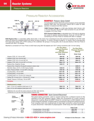 Pressure Reactors
Reactor Systems98
Ordering  Product Information: 1-800-223-4524  n  www.aceglass.com Subject to Ace Discount  Net
Pressure Reactor Accessories
13385-44
5844-176 8767-20
5844-74
5844-62
12517-14
5844-74
6448-24
6445-12
MANIFOLD  Pressure, Epoxy Coated 
Completeglassmanifold,fittedwithapressuregauge,primaryadjustable
pressure relief valve, and secondary rupture disc to allow for safer
operation of pressure and filter reactors.
13385 Pressure Gauge is a 0-60 psig stainless steel internal, with
1-1/2‑inch face and 1/8-inch NPT male connection for use with 5844-
74 adapter in #15 Ace‑Thred.
8767 Pressure Relief Valve is adjustable from 3-50 psig by adjusting
set screws to desired cracking pressure. Ends are 1/4-inch NPT for
connecting to #15 Ace‑Thred on manifold with 5844-74 adapter.
6445 Rupture Disc is a secondary safety device that, in the event of an overpressure (one that cannot be handled by the 8767 relief
valve) will rupture at a predetermined burst rating; 55 psig (±3 psig) for -12 version, 65 psig (±3 psig) for -41 version. Disc is manufactured
from high-purity carbon with a PTFE coating on the underside. No springs or moving parts, disc is secured directly in #25 Ace‑Thred of
manifold with 5844‑176 adapter.
Manifold is connected to #7 Ace‑Thred on 6433 head using 5844‑58 adapter and 12517 tubing connectors with 1/4‑inch tubing.
For Two-Piece
Pressure ­Reactors
(55psig)
and Filter Reactors
For One-Piece
Pressure ­Reactors
(65psig)
Order Code Order Code
Adapter, PTFE, #7–1/8-inch NPT  5844-58  5844-58
Adapter, PTFE, #15–1/8-inch NPT  5844-62  5844-62
Adapter, PTFE, #15–1/4-inch NPT (3)  5844-74  5844-74
Adapter, PTFE, #25–1/4-inch NPT, w/ O‑ring  5844-176  5844-176
Rupture Disc, Graphite, 55 psig  6445-12
Rupture Disc, Graphite, 65 psig (for pressure version only)  6445-41
Manifold, Glass, (4) #15, (1) #25, Epoxy Coated  6448-24  6448-24
Valve, Pressure Relief, 1/4-inch NPT, 3–50 psig  8767-20  8767-20
Coupling Body, 1/8-inch MPT 12517-08 12517-08
Coupling Body, 1/4-inch MPT 12517-14 12517-14
Coupling Insert, for 1/4-inch O.D. tubing (2) 12517-40 12517-40
Tubing, PP, 1/4-inch O.D. x .170-inch I.D., 10 feet 12681-110 12681-110
Gauge, Pressure, 0–60 psig, 1/8-inch MPT 13385-44 13385-44
Complete  6448-54*  6448-68**
Replacement o-rings
Size –110 for #15 adapters (shelf-pack of 12)  7855-716  7855-716
Size –212 for #25 adapters (shelf-pack of 6)  7855-734  7855-734
*6448-54 is for use with two-piece pressure and filter style reactors.
**6448-68 is for use with one-piece pressure reactors only.
Coupling
Body
Tubing
Connection
Coupling
Insert
TUBING CONNECTOR  Quick Connect/Disconnect
Two-piece tubing connector, used to connect tubing from a pressure source to the
manifold of the ACE pressure reactor. Offers the convenience of a quick connect/
disconnect coupling. Body has MNPT thread for connecting to a 5844 adapter at end
of ACE pressure manifold. Coupling insert is connected to tubing from pressure source.
Push coupling insert into coupling body for leak-tight connection; press thumb latch
to quick disconnect. Fabricated of polypropylene. Order body and insert separately.
Order Code
Coupling Body, 1/8-inch MPT 12517-08
Coupling Body, 1/4-inch MPT 12517-14
Coupling Insert, for 1/4-inch OD x 0.170 ID Tubing 12517-40
 