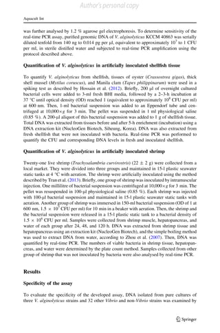 was further analysed by 1.2 % agarose gel electrophoresis. To determine sensitivity of the
real-time PCR assay, puriﬁed genomic DNA of V. alginolyticus KCCM 40863 was serially
diluted tenfold from 140 ng to 0.014 pg per ll, equivalent to approximately 107
to 1 CFU
per ml, in sterile distilled water and subjected to real-time PCR ampliﬁcation using the
protocol described above.
Quantiﬁcation of V. alginolyticus in artiﬁcially inoculated shellﬁsh tissue
To quantify V. alginolyticus from shellﬁsh, tissues of oyster (Crassostrea gigas), thick
shell mussel (Mytilus coruscus), and Manila clam (Tapes philippinarum) were used in a
spiking test as described by Hossain et al. (2012). Brieﬂy, 200 ll of overnight cultured
bacterial cells were added to 3-ml fresh BHI media, followed by a 2–3-h incubation at
37 °C until optical density (OD) reached 1 (equivalent to approximately 108
CFU per ml)
at 600 nm. Then, 1-ml bacterial suspension was added to an Eppendorf tube and cen-
trifuged at 10,0009g for 3 min. The pellet was suspended in 1 ml physiological saline
(0.85 %). A 200-ll aliquot of this bacterial suspension was added to 1 g of shellﬁsh tissue.
Total DNA was extracted from tissues before and after 5-h enrichment (incubation) using a
DNA extraction kit (NucleoGen Biotech, Siheung, Korea). DNA was also extracted from
fresh shellﬁsh that were not inoculated with bacteria. Real-time PCR was performed to
quantify the CFU and corresponding DNA levels in fresh and inoculated shellﬁsh.
Quantiﬁcation of V. alginolyticus in artiﬁcially inoculated shrimp
Twenty-one live shrimp (Trachysalambria curvirostris) (22 ± 2 g) were collected from a
local market. They were divided into three groups and maintained in 15-l plastic seawater
static tanks at 4 °C with aeration. The shrimp were artiﬁcially inoculated using the method
described by Tran et al. (2013). Brieﬂy, one group of shrimp was inoculated by intramuscular
injection. One millilitre of bacterial suspension was centrifuged at 10,0009g for 3 min. The
pellet was resuspended in 100-ll physiological saline (0.85 %). Each shrimp was injected
with 100-ll bacterial suspension and maintained in 15-l plastic seawater static tanks with
aeration. Another group of shrimp was immersed in 150-ml bacterial suspension (OD of 1 at
600 nm, 1.5 9 107
CFU per ml) for 10 min in a beaker with aeration. Then, the shrimp and
the bacterial suspension were released in a 15-l plastic static tank to a bacterial density of
1.5 9 106
CFU per ml. Samples were collected from shrimp muscle, hepatopancreas, and
water of each group after 24, 48, and 120 h. DNA was extracted from shrimp tissue and
hepatopancreas using an extraction kit (NucleoGen Biotech), and the simple boiling method
was used to extract DNA from water, according to Zhou et al. (2007). Then, DNA was
quantiﬁed by real-time PCR. The numbers of viable bacteria in shrimp tissue, hepatopan-
creas, and water were determined by the plate count method. Samples collected from other
group of shrimp that was not inoculated by bacteria were also analysed by real-time PCR.
Results
Speciﬁcity of the assay
To evaluate the speciﬁcity of the developed assay, DNA isolated from pure cultures of
three V. alginolyticus strains and 32 other Vibrio and non-Vibrio strains was examined by
Aquacult Int
123
Author's personal copy
 
