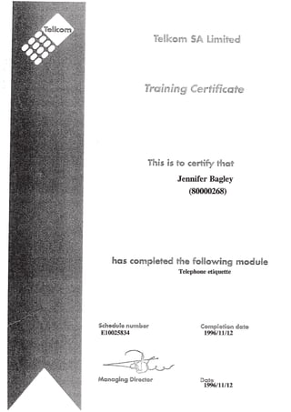 J Andrews - Telkom Telephone Etiquette Certificate | PDF