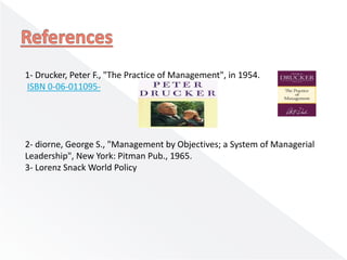 1- Drucker, Peter F., "The Practice of Management", in 1954.
ISBN 0-06-011095-
2- diorne, George S., "Management by Objectives; a System of Managerial
Leadership", New York: Pitman Pub., 1965.
3- Lorenz Snack World Policy
 