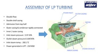 • Double flow
• Double shell casing
• Admission from top half
• Outer casing & condenser rigidly connected
• Inner / outer casing
• Inlet steam pressure : 5.97 ATA
• Outlet steam pressure:0.1047ATA
• Inlet steam temp. : 282.1°C
• Power generated in LPT : 210 MW
STEAM INLET
OUTER CASING
ROTOR
INNER CASING
STEAM EXHAUST
 