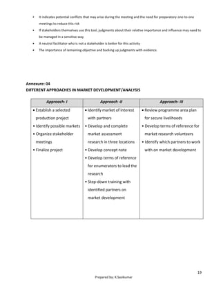19
Prepared by: K.Sasikumar
• It indicates potential conflicts that may arise during the meeting and the need for preparatory one-to-one
meetings to reduce this risk
• If stakeholders themselves use this tool, judgments about their relative importance and influence may need to
be managed in a sensitive way
• A neutral facilitator who is not a stakeholder is better for this activity
• The importance of remaining objective and backing up judgments with evidence.
Annexure: 04
DIFFERENT APPROACHES IN MARKET DEVELOPMENT/ANALYSIS
Approach- I Approach -II Approach- III
 Establish a selected
production project
• Identify possible markets
• Organize stakeholder
meetings
• Finalize project
 Identify market of interest
with partners
• Develop and complete
market assessment
research in three locations
• Develop concept note
• Develop terms of reference
for enumerators to lead the
research
• Step-down training with
identified partners on
market development
 Review programme area plan
for secure livelihoods
• Develop terms of reference for
market research volunteers
• Identify which partners to work
with on market development
 