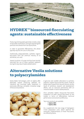 Producing drinking water generally includes a step
of raw water clarification, aiming at separating the
particles and colloids from the liquid phase.
In order to guarantee effectiveness, this phase
typically requires the use of a flocculant.
Traditionally, polyacrylamides, synthetic organic
flocculants from the chemical industry of oil
derivatives, are used.
Several countries in Europe and Asia have recently
restricted the use of these synthetic polymers
during this key step of water potabilization.
Veolia Water Technologies, with its Hydrex offer
dedicated toward producing additives for
industrial and municipal water treatment, is
exclusively offering a complete, innovative range
of biosourced products.
A genuine and credible alternative to synthetic
polymers, Hydrex biosourced flocculants, made of
potato starch based from natural cultures, are the
result of ambitious research and development
efforts, and an exclusive partnership with an
industrial leader in starch-based products.
Once activated, Hydrex biosourced flocculants
outperform all other natural flocculants on the
market in terms of effectiveness, technical
performance and economical efficiency.
Two main products are available:
•	Hydrex 3841
•	Hydrex 3842
As a supplement, the new range of Hydragreen
in-line preparation units, which optimize the
automatic implementation of these flocculants,
are offered by Veolia.
HYDREX™ biosourced flocculating
agents: sustainable effectiveness
Alternative Veolia solutions
to polyacrylamides
 