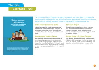 12
The Hyde
Charitable Trust
The Innovation Grants Programme supports research and new ideas to increase the
understanding, effectiveness and range of activities dedicated to solving the changing
needs of social housing residents. Some of the projects funded this year are:
Better Money Behaviours Toolkit
The next generation of money and debt advice,
this is a guide based on the ‘nudge’ principles of
behavioural economics – jointly developed and
funded by The London Housing Financial Inclusion
Group.
Understanding Tenancy Failure
With four other leading housing associations, we
commissioned a report to understand the root
causes of why some people fail in their tenancies.
Researchers from Sheffield Hallam University found
that insecure and casual employment, and surviving
on a low income were causal factors in the majority
of cases.
BE Secure Project
Jointly funded with the Money Advice Trust, this
pilot project integrates behavioural economics
‘nudge’ principles in Money and Debt Advice
conversations to increase tenants’ engagement with
the support process.
Getting Online 1-2-1 Home Tutoring
This targeted service has provided vital training to
173 vulnerable residents so that they are better able
to use the internet, and to connect with others, and
to explore personal interests and transact online.
 
