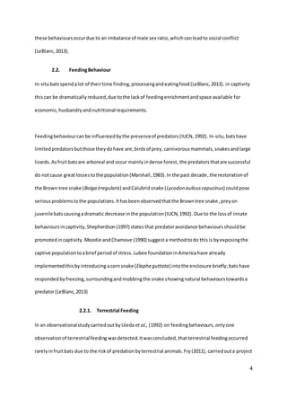 4
these behavioursoccurdue to an imbalance of male sex ratio,whichcanleadto social conflict
(LeBlanc,2013).
2.2. FeedingBehaviour
In-situbatsspendalot of theirtime finding,processingandeatingfood(LeBlanc,2013),in captivity
thiscan be dramatically reduced,due tothe lackof feedingenrichmentandspace available for
economic,husbandry andnutritionalrequirements.
Feedingbehaviourcan be influencedbythe presenceof predators (IUCN,1992). In-situ,batshave
limitedpredatorsbutthose theydohave are;birdsof prey,carnivorousmammals, snakesandlarge
lizards.Asfruitbatsare arboreal and occur mainlyindense forest,the predatorsthatare successful
do notcause greatlossestothe population(Marshall,1983).In the past decade,the restorationof
the Brown tree snake (Boiga irregularis) andCalubridsnake (Lycodon aulicuscapucinus) couldpose
seriousproblemstothe populations.Ithasbeenobservedthatthe Browntree snake,preyon
juvenilebatscausingadramatic decrease inthe population(IUCN,1992). Due to the lossof innate
behaviours incaptivity,Shepherdson(1997) statesthat predatoravoidance behavioursshouldbe
promotedincaptivity.Moodie andChamove (1990) suggesta methodtodo this is byexposingthe
captive populationtoabrief periodof stress. Lubee foundationinAmerica have already
implementedthisbyintroducing acornsnake (Elapheguttata) intothe enclosure briefly;bats have
respondedbyfreezing,surroundingandmobbingthe snake showingnatural behaviourstowardsa
predator(LeBlanc,2013)
2.2.1. Terrestrial Feeding
In an observationalstudycarriedoutbyUieda et al., (1992) on feedingbehaviours, onlyone
observationof terrestrialfeeding wasdetected.Itwasconcluded,thatterrestrial feedingoccurred
rarelyinfruitbats due to the riskof predationbyterrestrial animals.Fry(2011), carriedouta project
 