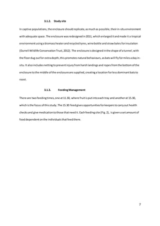 7
3.1.2. Study site
In captive populations,the enclosure shouldreplicate,asmuchas possible,theirin-situenvironment
withadequate space.The enclosure wasredesignedin2011, whichenlargeditandmade it a tropical
environmentusingabiomassheaterandrecycledtyres,winebottle andstraw bales forinsulation
(Durrell Wildlife ConservationTrust,2012). The enclosure isdesignedinthe shape of atunnel,with
the floordug outfor extradepth,this promotes natural behaviours, asbatswill flyformilesadayin-
situ.It alsoincludesnettingtopreventinjuryfromharshlandingsand ropesfromthe bottomof the
enclosure tothe middle of the enclosureare supplied,creatinga locationforlessdominantbatsto
roost.
3.1.3. FeedingManagement
There are twofeedingtimes,one at11.30, where fruitisput intoeach tray and anotherat 15.30,
whichisthe focus of thisstudy.The 15.30 feedgivesopportunitiesforkeeperstocarryout health
checksand give medicationtothose thatneedit.Eachfeedingsite (Fig.2), isgivenasetamountof
fooddependentonthe individualsthatfeedthere.
 