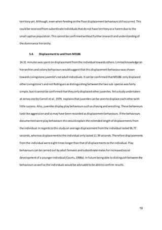 19
territoryyet.Although,evenwhenfeedingonthe floordisplacementbehavioursstilloccurred.This
couldbe receivedfrom subordinateindividuals thatdonot have territoryora haremdue to the
small captive population.Thiscannotbe confirmedwithoutfurtherresearchandunderstandingof
the dominance hierarchy.
5.4. Displacementto and from M3186
14.31 minuteswasspentondisplacementfromthe individual towardsothers.Limitedknowledge on
hierarchiesandcolonybehaviourswouldsuggestthatthisdisplacementbehaviourwasshown
towardsLivingstone juvenile’s notadultindividuals.Itcanbe confirmedthatM3186 onlydisplaced
otherLivingstone’sandnotRodriguesasdistinguishingbetweenthe twosub-specieswasfairly
simple, butitcannotbe confirmedthattheyonlydisplacedotherjuveniles.Yetastudyundertaken
at Jerseyzooby Carroll et al., 1979, explainsthatjuvenilescanbe seentodisplace eachotherwith
little success.Also,juvenilesdisplayplaybehaviourssuchaschasingandwrestling.These behaviours
looklike aggressionandsomayhave beenrecordedasdisplacementbehaviours.If the behaviours
documentedwere playbehaviours thiswouldexplainthe extendedlengthof displacementsfrom
the individual. Inregardstothisstudyon average displacementfromthe individual lasted96.77
seconds,whereasdisplacementtothe individual onlylasted11.39 seconds.Therefore displacements
fromthe individual wereeighttimeslongerthanthatof displacementstothe individual. Play
behaviourscan be carriedout by adult femalesandsubordinate malesforincreasedsocial
developmentof a youngerindividual(Courts,1998a).In future beingable todistinguish betweenthe
behavioursaswell asthe individualswouldbe advisabletobe able toconfirm results.
 