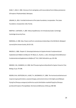 25
KUNZ,T., DIAZ,C. 1994. Folivoryinfruit-eatingbats,withnew evidencefrom Artibeusjamaicensis
(Chiroptera:Phyllostomidae). Biotropica.
LEBLANC,D., 2013. Fruit BatEnrichment atThe Lubee Foundation,Incorporation. The Lubee
Foundation,Incorporation:USA,Florida.
MARTIN,P., BATESON.,P.,2007. Measuring Behaviour:An Introductory Guide. Cambridge:
Cambridge UniversityPress.
MARSHALL, A.1983. Bats, flowers andfruit:evolutionaryrelationshipsinthe OldWorld. Biological
Journalof the Linnean Society,20:115-135.
MASON,G., 2006. Chapter11: Stereotypicbehavioursin CaptiveAnimals:Fundamentaland
ImplicationsforWelfare and Beyond.IN:Mason,G., Rushen,J.,(Ed.). StereotypicAnimalBehaviour:
Fundamentalsand Applicationsto Welfare(2nd
Ed.). CABI:Oxfordshire,pp.325-356.
MOODIE, E.M., CHAMOVE,A.S.1990. Brief ThreateningEventsBeneficial forCaptive Tamarins? Zoo
Biology, 9, pp. 275-286.
REEDER, D.M., KOSTECZKO,N.S.,KUNZ,T.H.,WILDMAIER, E.P.,2006. The hormonal andbehavioural
response togroupformation,seasonal changes,andrestraintstressinthe highlysocial Malayan
FlyingFox (Pteropusvampyrus) andthe lesssocial LittleGolden-mantledFlyingFox (Pteropus
pumilus) (Chiroptera:Pteropodidae). Hormoneand Behaviour,49 (4),pp.484-500.
 
