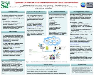 Optimized Off-line Risk Assessment Framework for Cloud Service Providers
REU Students: Ashley Painter*, Joshua Haupt˜, Matthew Hall ° PhD Student: Amartya Sen*
Faculty Advisor: Dr. Sanjay Madria*
To determine whether or not an application
should be migrated on to a cloud service
provider (CSP) there are three things that are
needed
• An analysis of an application
• An analysis of the various aspects of
services provided by a CSP
• A cost benefit tradeoff analysis to evaluate
the efficiency of migration in terms of
security and monetary benefits
INTRODUCTION
REFERENCES
• To develop security rating framework to
rate each entities of an application along
the lines of Confidentiality(C), Integrity(I),
& Availability(A), along with the
introduction of a new attribute,
“criticality”(Cr).
• To break down an SLA based on certain
categories like, security & privacy,
availability, and to grade them on a point
based scale as per the information
presented in an SLA.
• To perform a cost-benefit tradeoff analysis
considering the different available CSPs
with regards to the cost and security
benefits gained from hosting different
entities of an application on them.
OBJECTIVES
Application Analysis Framework SLA Grading Framework Cost benefit tradeoff Analysis
Framework
FUTURE WORK
BACKGROUND
The proposed methodology relies
on a framework consisting of eight
categories [2] which are listed
below,
•Availability
•Compensation
•Scalability
•Security and Privacy
•Performance
•Understanding of Costs
•Ease of configuration
•Compatibility
Each category is scored on a point
based system from 0 to 5 based on
how it is presented in the SLA.
[1] S Madria and A Sen "Offline Risk Assessment of Cloud Service Providers." Cloud
Computing, IEEE 2.3 (2015): 50-57.
[2] Alhamad, Mohammed, Tharam Dillon, and Elizabeth Chang. "Conceptual SLA
framework for cloud computing." Digital Ecosystems and Technologies (DEST), 2010 4th
IEEE International Conference on. IEEE, 2010.
[3] D Dhillon"Developer-driven threat modeling: Lessons learned in the trenches." IEEE
Security & Privacy 4 (2011): 41-47
[4] Ajeh, D Edache, J Ellman, and S Keogh. "A Cost Modelling System for Cloud
Computing." Computational Science and Its Applications (ICCSA), 2014 14th International
Conference on. IEEE, 2014.
This work stems from the previous work
of offline risk assessment of Cloud
Service Provider [1]. The previous work
however did not recommend a final
migration strategy for an application or a
way to evaluate entities in a DFD with their
relationships to other entities and the type
of information they handle. It also did not
recommend a way to rate CSP’s by their
SLA’s.
* Computer Science, MS&T °Computer Science, Humboldt State University ˜Computer Science, Southern Illinois University Edwardsville
•First Record the cost difference for Total
Cost of Ownership (TCO) and Cost of
Cloud Storage (CCS) for all components
of an application on all the perspective
CSPs [4].
•A cost matrix A is mXn
•m is the number of storage option for a
component (Cloud A, Cloud B, etc..)
and the last row ( 𝑨 𝒎) has TCO for each
component.
•n is the number of different entities in
the application.
• 𝑨𝒊𝒋 is the price of storing entity 𝒊 on cloud
𝒋
•Difference matrix D comes from 𝑻: 𝑨 → 𝑫
where 𝑫𝒊𝒋 = 𝑨𝒊𝒎 − 𝑨𝒊𝒋
𝒇𝒐𝒓 𝟎 ≤ 𝒊 ≤ 𝒎; 𝟎 ≤ 𝒋 ≤ 𝒏
•Now consider security coverage
differences of each component on a cloud
versus stored on private hardware in:
technical impact, required privilege,
business impact.
•With these attributes scored for each
weakness on each CSP, a similar matrix to
the difference matrix above is computed.
The values of the two matrixes are scaled
independently by column and added
together.
•The max. value in each column
determines the destination for an entity to
migrate if it’s values of cost and security
difference were both positive.
•The framework evaluates each
entity in a DFD of an application
for C,I,A,Cr in two directions data
flowing into and out of the entity
[3].
•It does this by translating the
DFD into a weighted directed
graph with several specialized
types of nodes based off what the
entity is doing with the data.
•It evaluates the individual nodes
with respect to the type of data
they’re handling, the type of node,
and its relationship with other
nodes.
•Develop a generalized equation for the Cost benefit tradeoff Analysis so that it can be automated
•Develop additional categories and expand the SLA Grading Framework
•Test the equation for local area for the effect of changing the log base
•Implement the three frameworks and integrate it with current off-line risk assessment tool
Figure. 1: Depicts the different aspects of the Optimized Offline Risk Assessment Framework
 