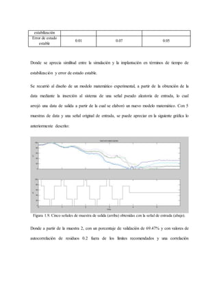 estabilización
Error de estado
estable
0.01 0.07 0.05
Donde se aprecia similitud entre la simulación y la implantación en términos de tiempo de
estabilización y error de estado estable.
Se recurrió al diseño de un modelo matemático experimental, a partir de la obtención de la
data mediante la inserción al sistema de una señal pseudo aleatoria de entrada, lo cual
arrojó una data de salida a partir de la cual se elaboró un nuevo modelo matemático. Con 5
muestras de data y una señal original de entrada, se puede apreciar en la siguiente gráfica lo
anteriormente descrito:
Figura 1.9. Cinco señales de muestra de salida (arriba) obtenidas con la señal de entrada (abajo).
Donde a partir de la muestra 2, con un porcentaje de validación de 69.47% y con valores de
autocorrelación de residuos 0.2 fuera de los límites recomendados y una correlación
 